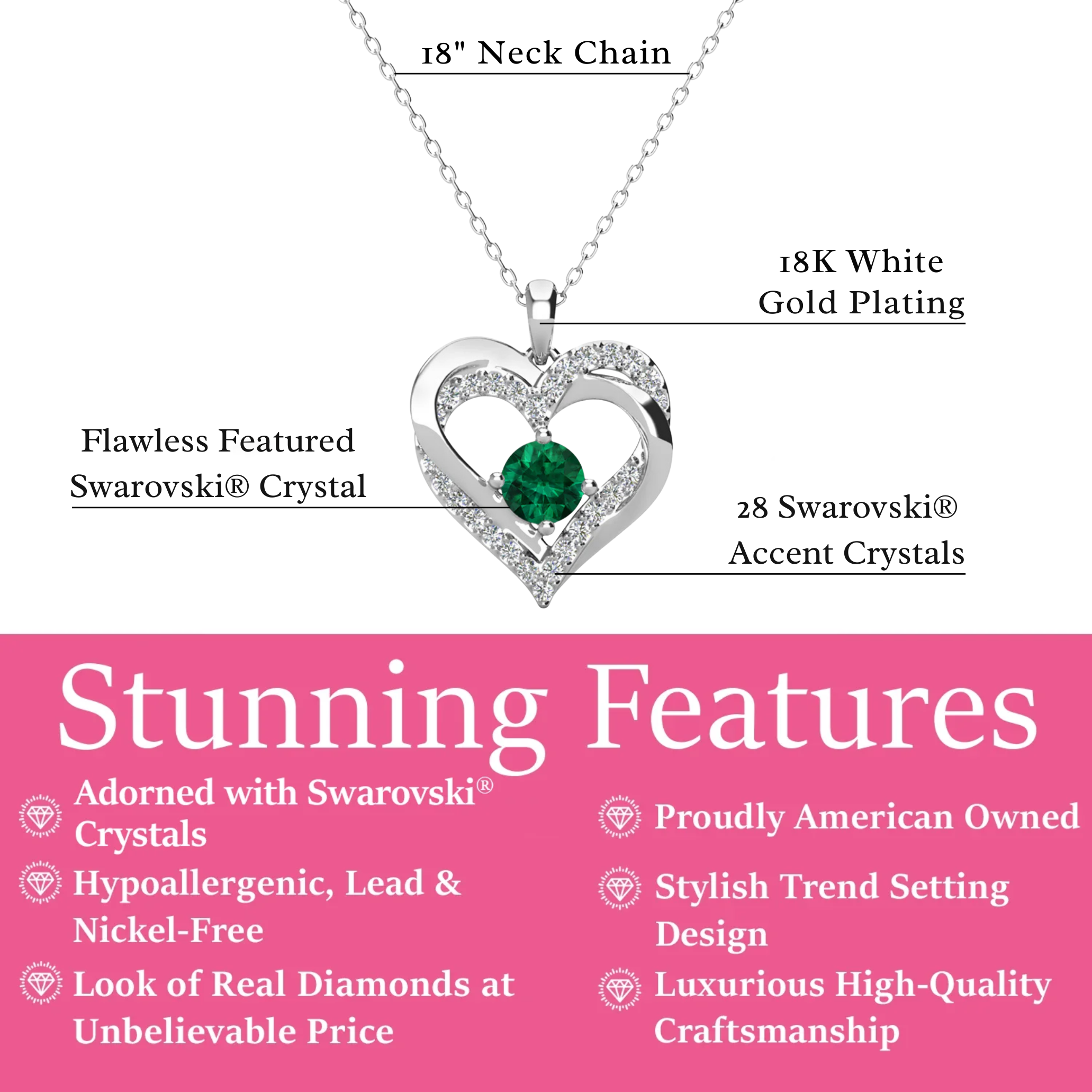 Forever Birthstone 18k White Gold Plated Double Heart Necklace with Swarovski Crystals