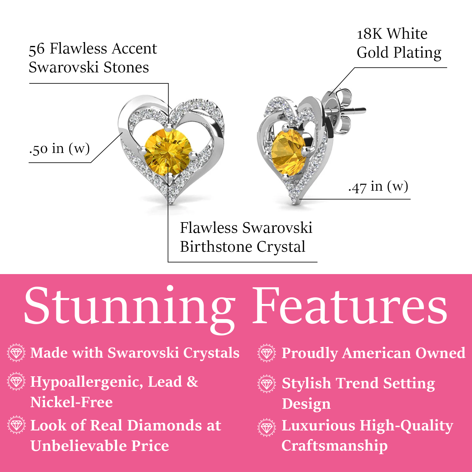 Forever 18k White Gold Plated Birthstone Double Heart Earrings with Crystals