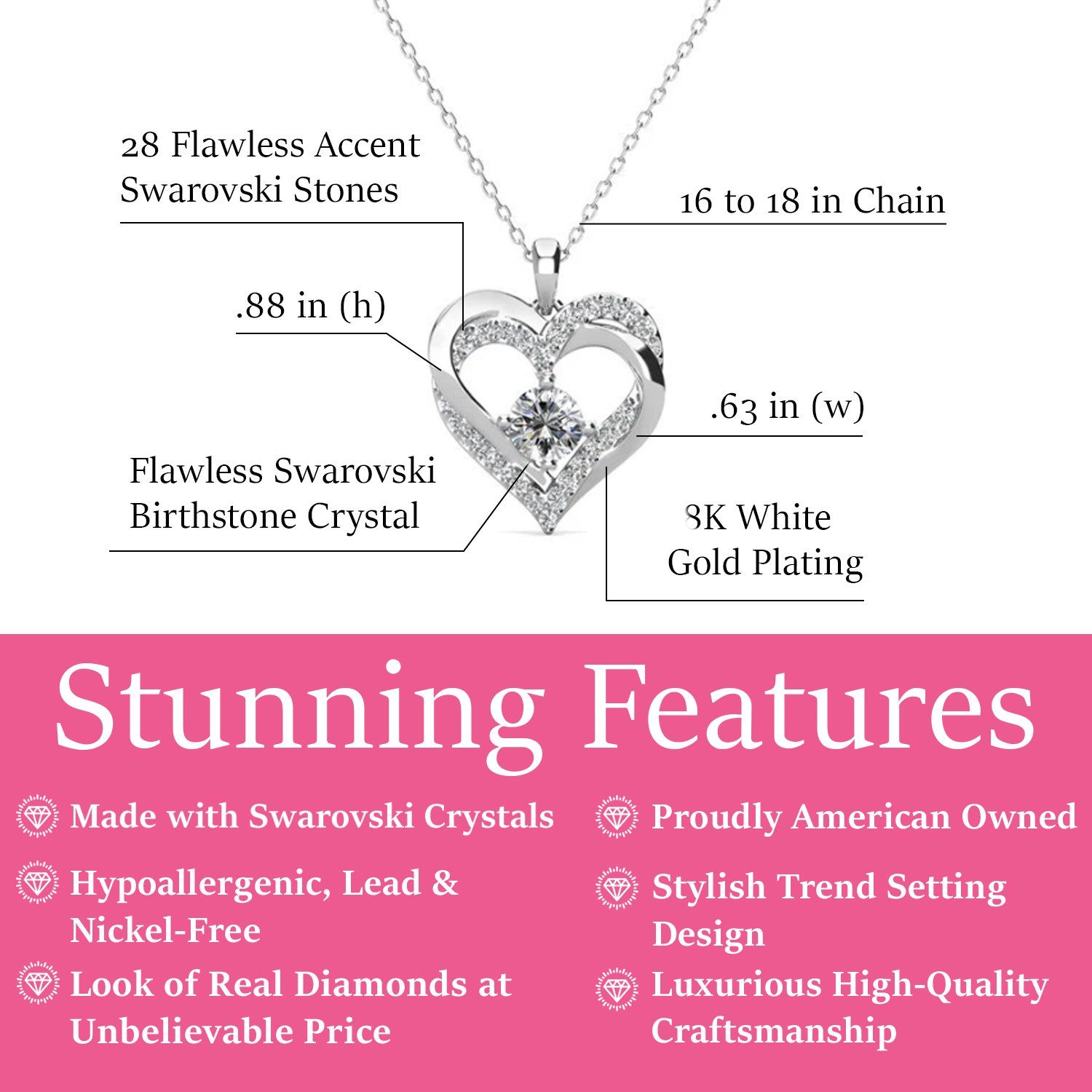 Forever April Birthstone 18k White Gold Plated Silver Double Heart Diamond Necklace with Swarovski Crystals