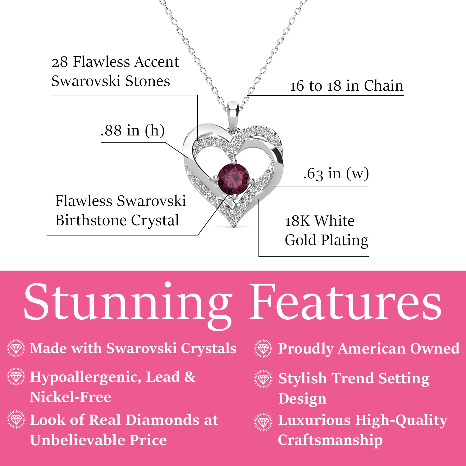 Forever February Birthstone 18k White Gold Plated Silver Double Heart Diamond Necklace with Swarovski Crystals