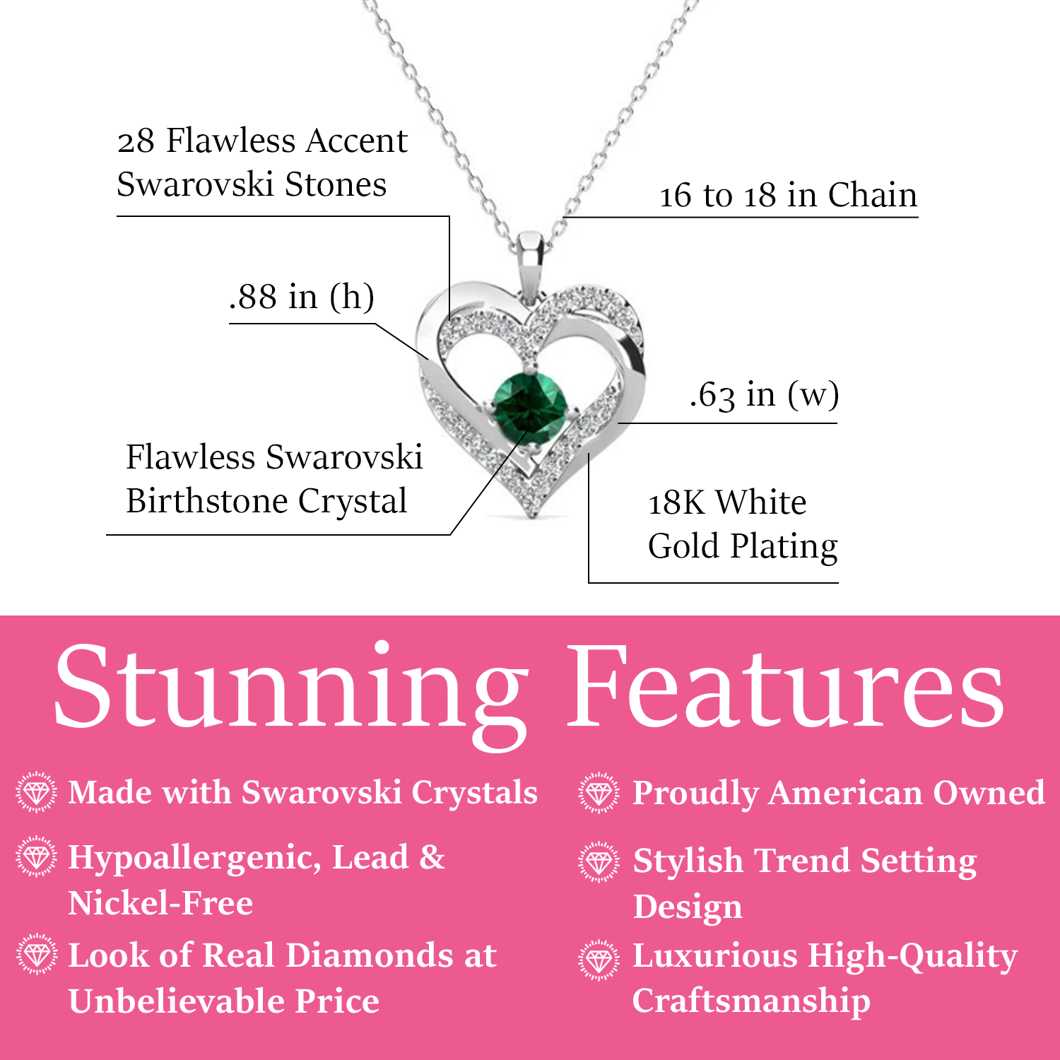 Forever May Birthstone 18k White Gold Plated Silver Double Heart Diamond Necklace with Swarovski Crystals