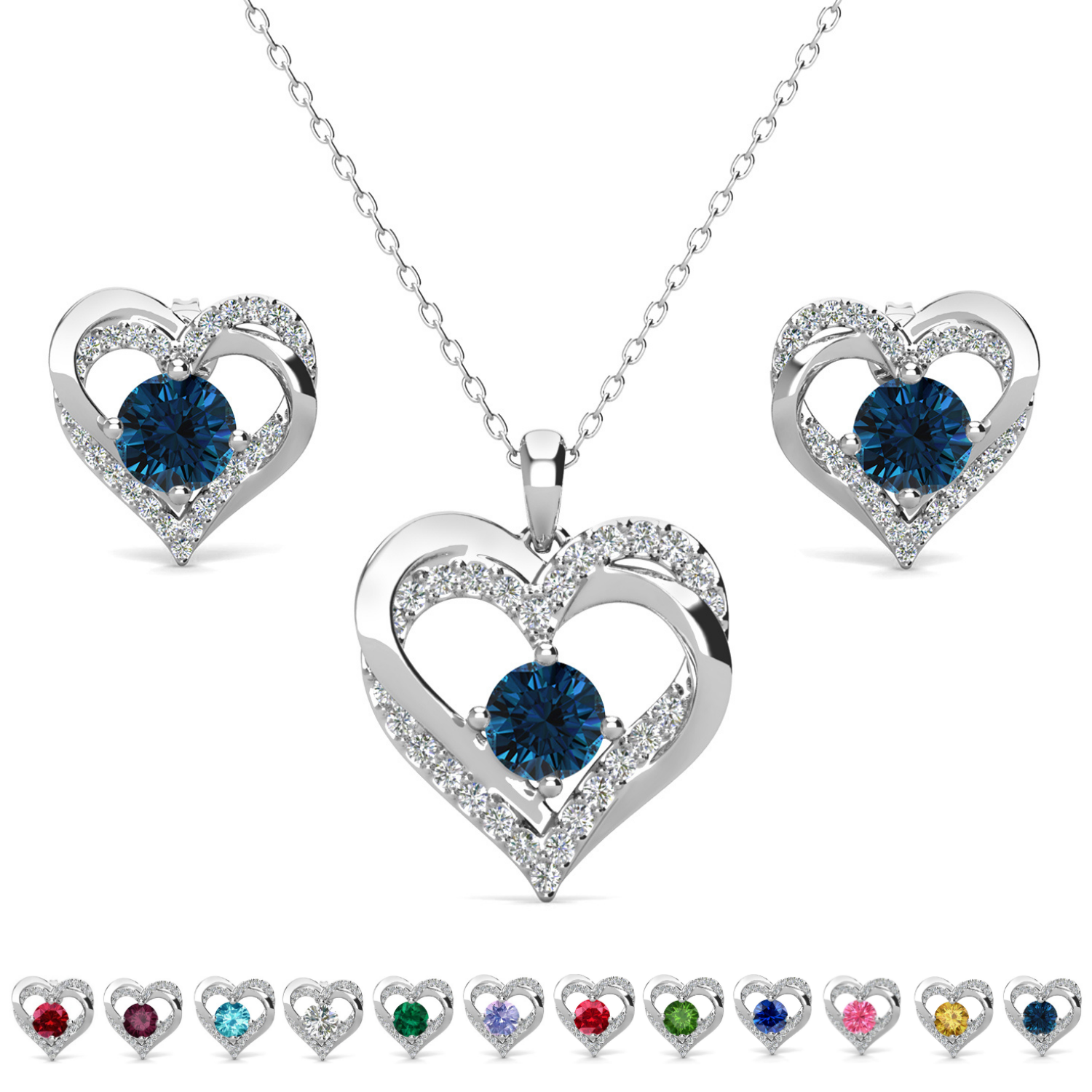Forever Birthstone 18k White Gold Plated Silver Double Heart Earrings and Necklace Set with Swarovski Crystals