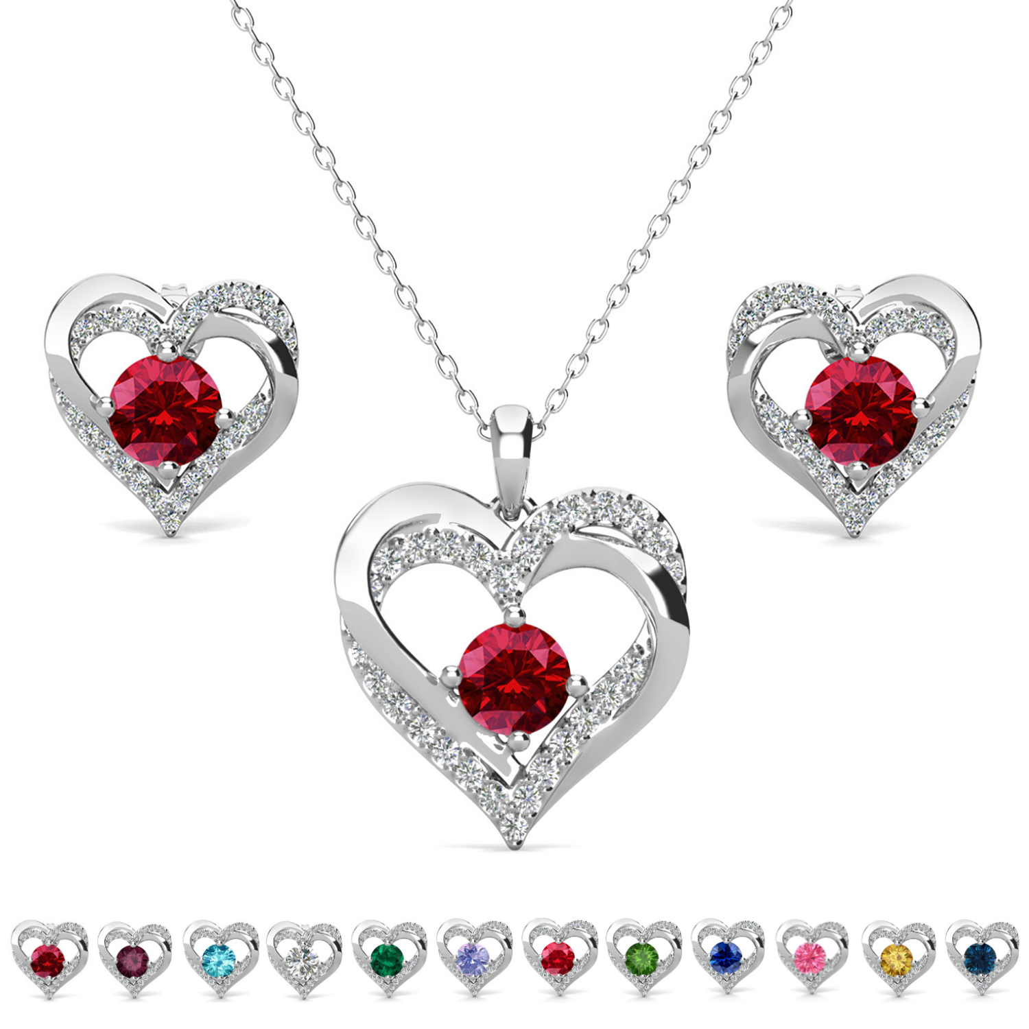 Forever Birthstone 18k White Gold Plated Silver Double Heart Earrings and Necklace Set with Swarovski Crystals