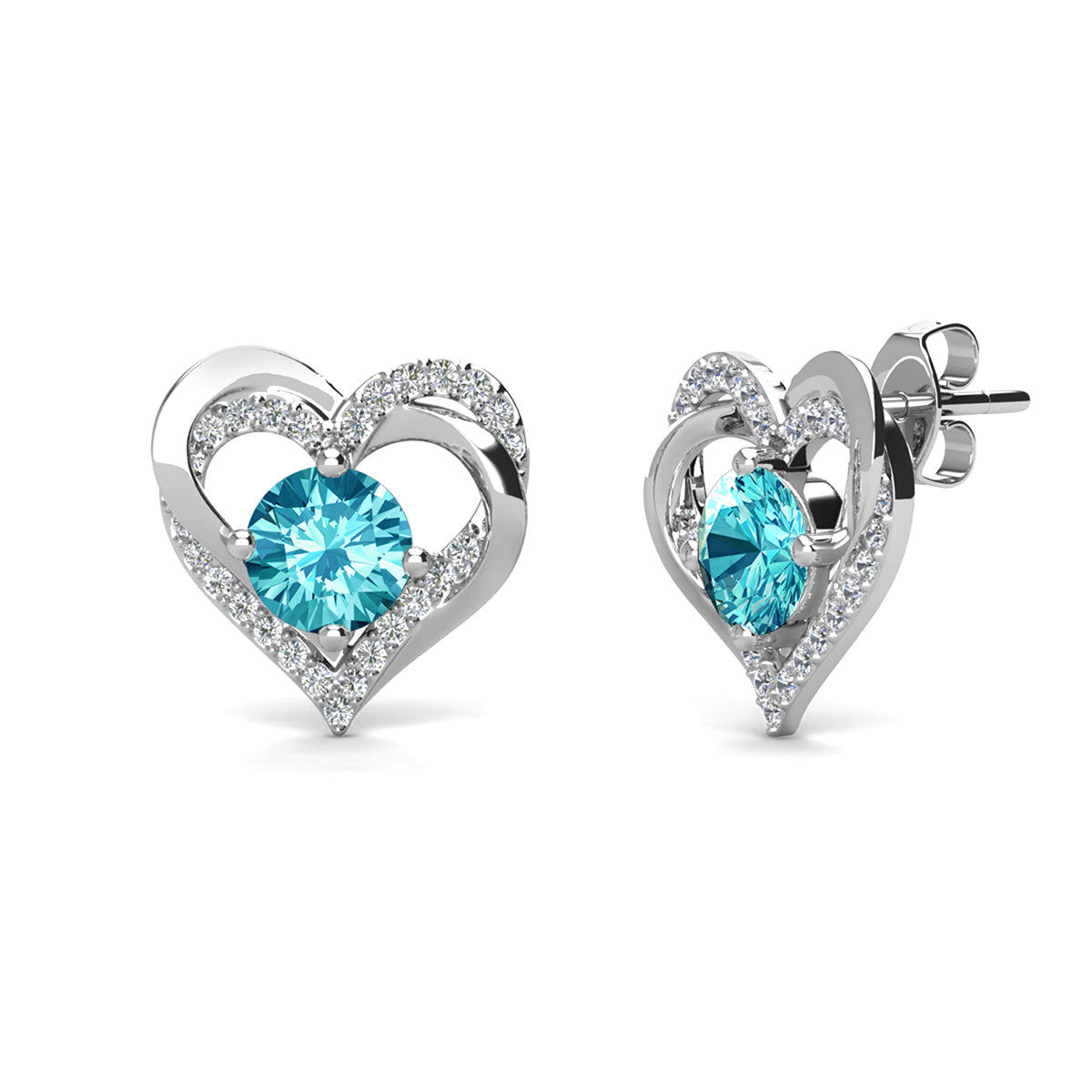 Forever 18k White Gold Plated Birthstone Double Heart Earrings with Crystals