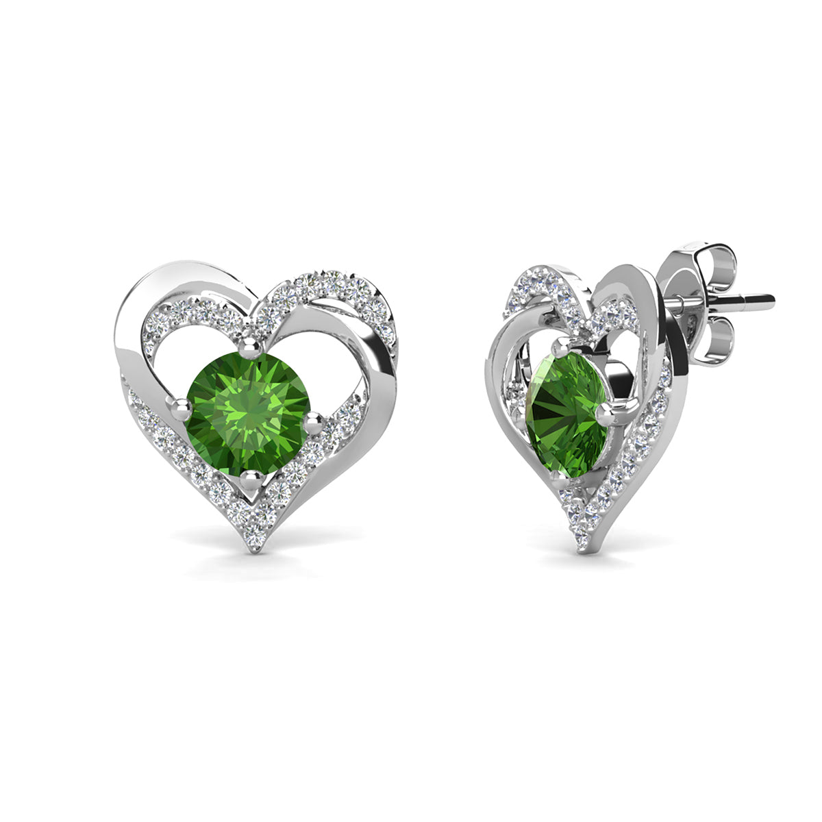 Forever 18k White Gold Plated Birthstone Double Heart Earrings with Crystals