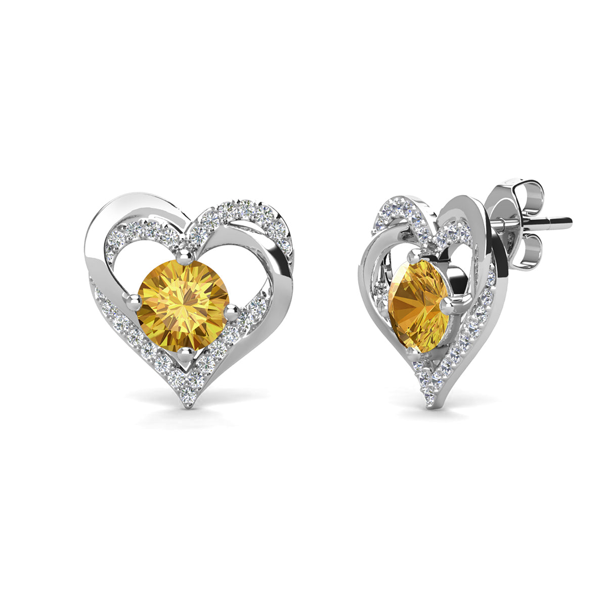 Forever 18k White Gold Plated Birthstone Double Heart Earrings with Crystals