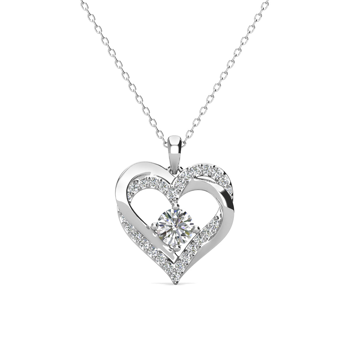 Forever April Birthstone 18k White Gold Plated Silver Double Heart Diamond Necklace with Swarovski Crystals