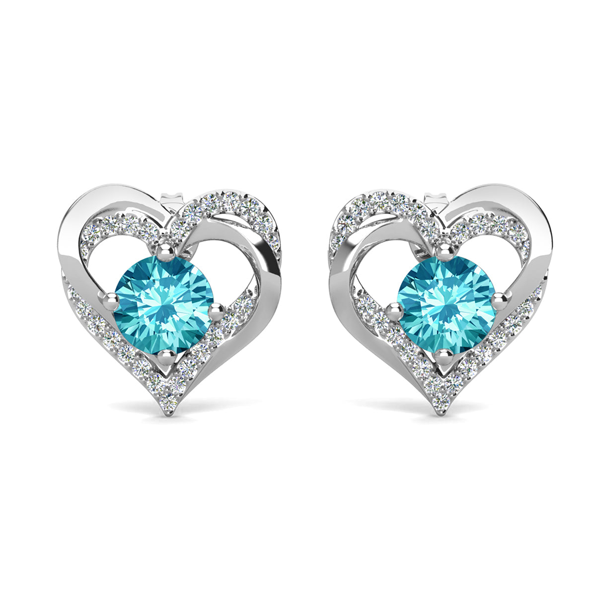 Forever Birthstone 18k White Gold Plated Silver Double Heart Earrings with Swarovski Crystals