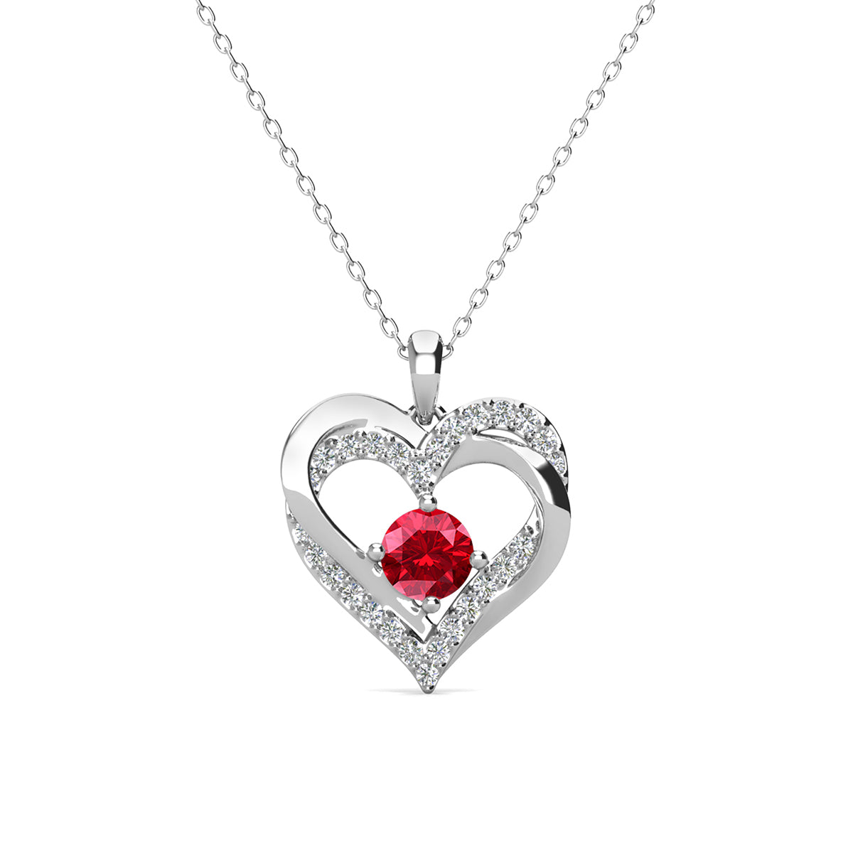 Forever 18k White Gold Plated Birthstone Double Heart Necklace with Swarovski Crystals