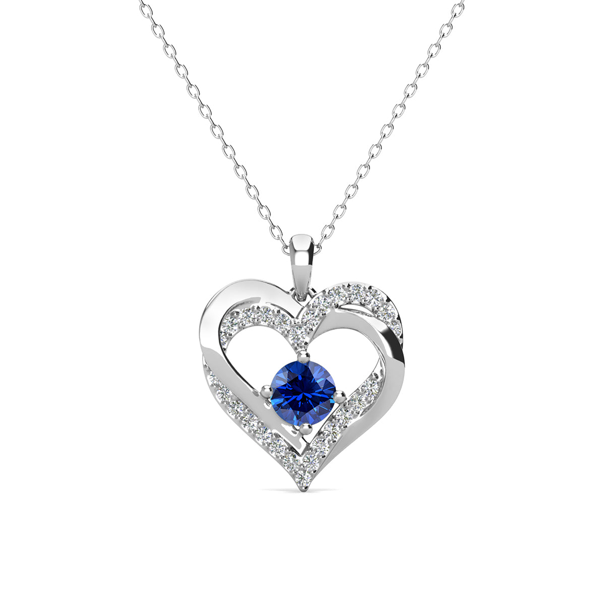 Forever September Birthstone 18k White Gold Plated Silver Double Heart Diamond Necklace with Swarovski Crystals