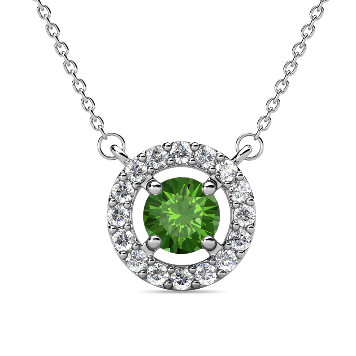 Royal 18k White Gold Plated August Birthstone Halo Necklace with Round Cut Peridot Swarovski Crystals