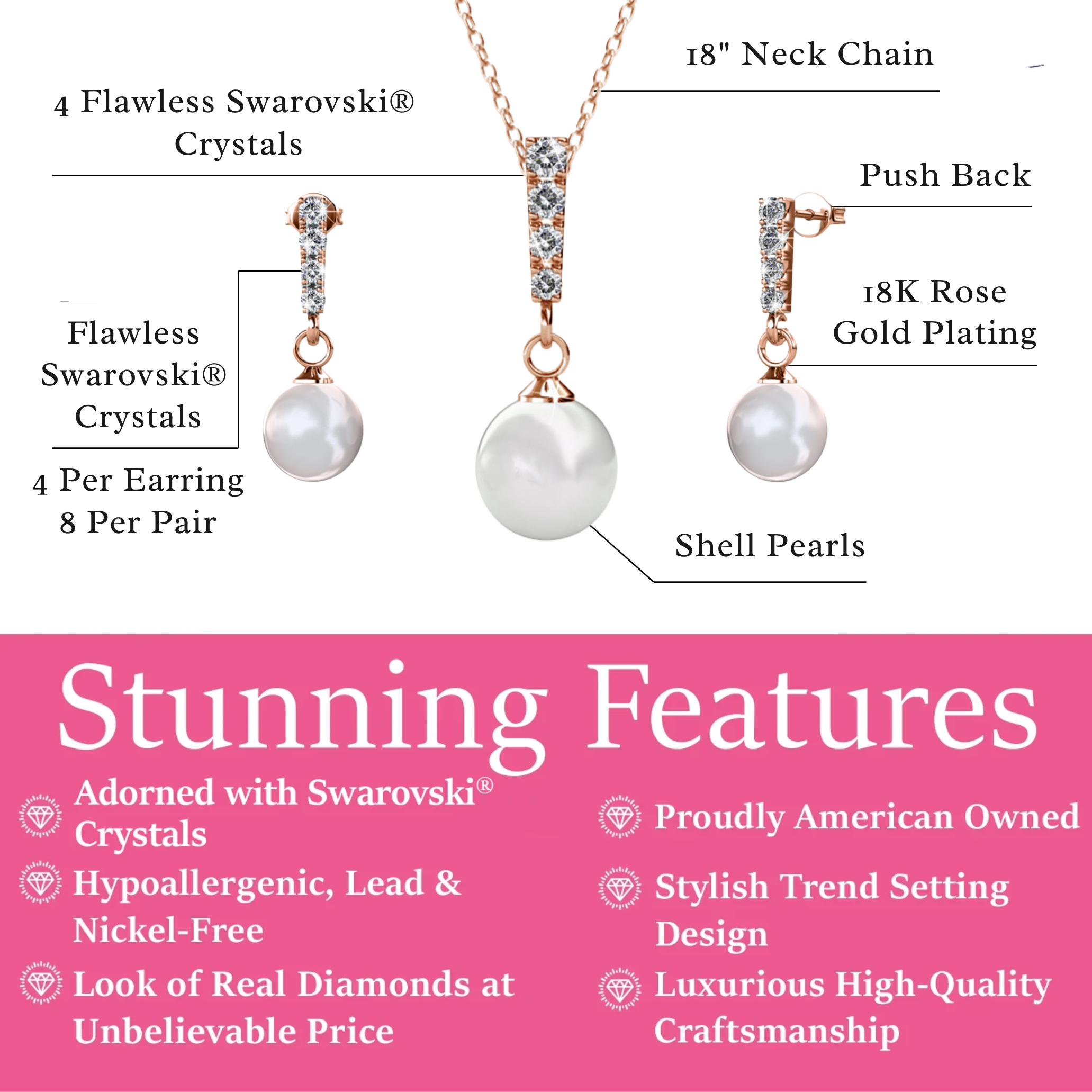 Gabrielle 18k White Gold Plated Pearl Drop Earrings and Necklace Jewelry Set with Swarovski Crystals