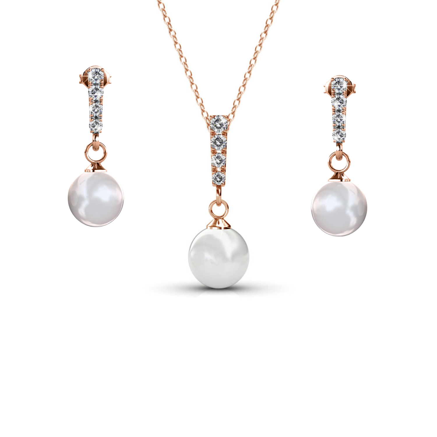 Gabrielle 18k White Gold Plated Pearl Drop Earrings and Necklace Jewelry Set with Swarovski Crystals