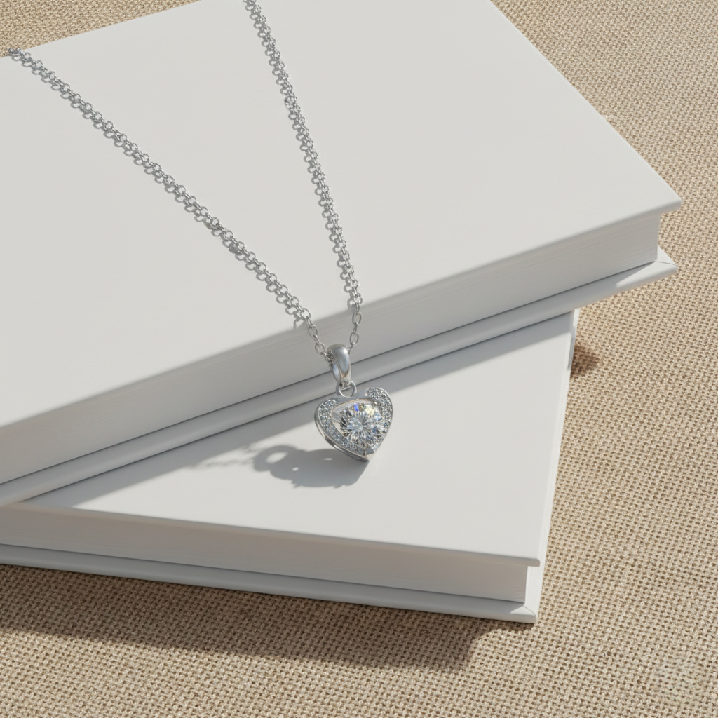 Amberly 18k White Gold Plated Heart Pendant Necklace with Solitaire Round Cut Swarovski Crystals