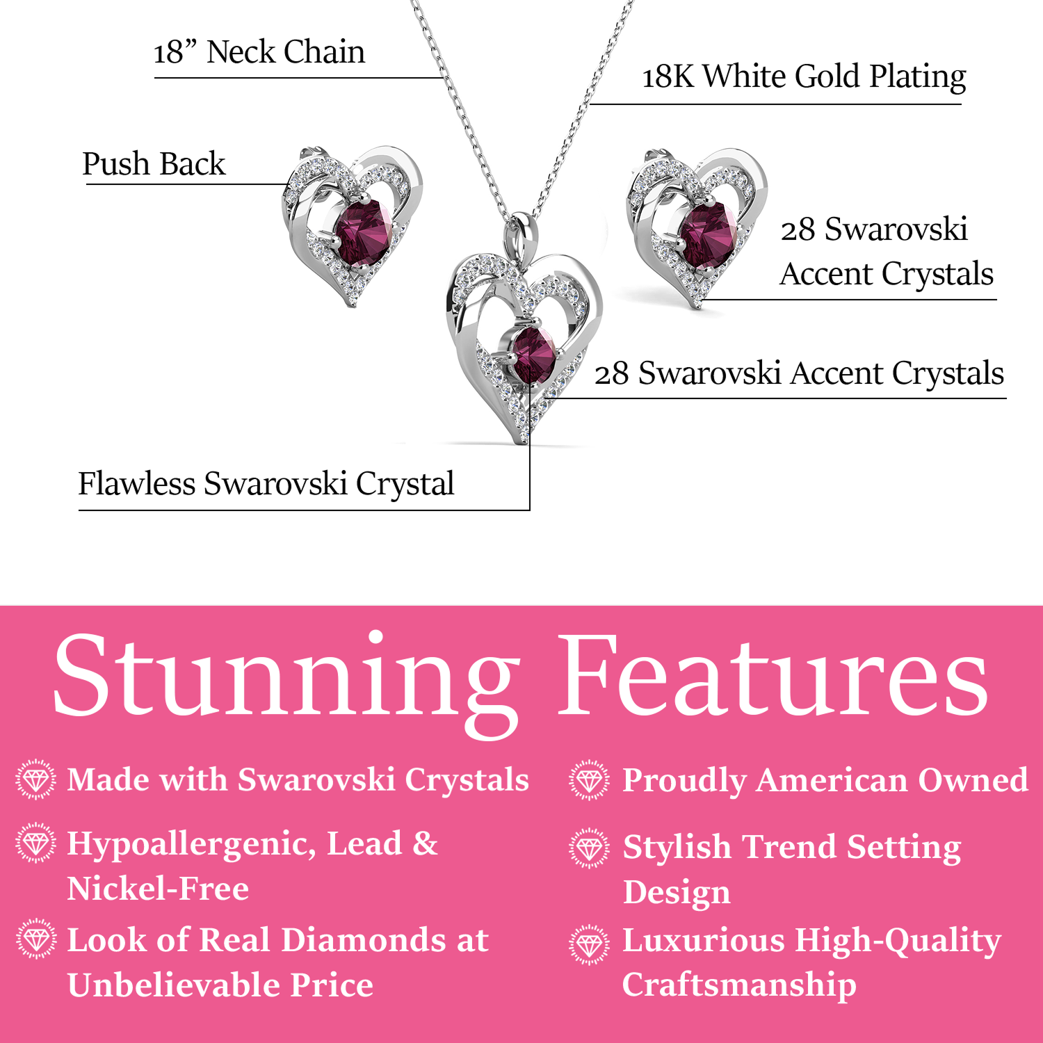 Forever Birthstone 18k White Gold Plated Silver Double Heart Earrings and Necklace Set with Swarovski Crystals