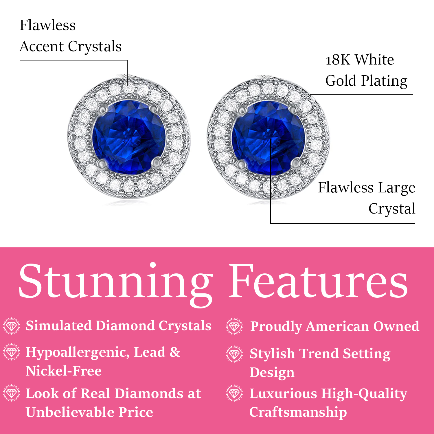 Gwendolyn 18k White Gold Plated Halo Stud Earrings with Round Cut Simulated Diamond Crystals