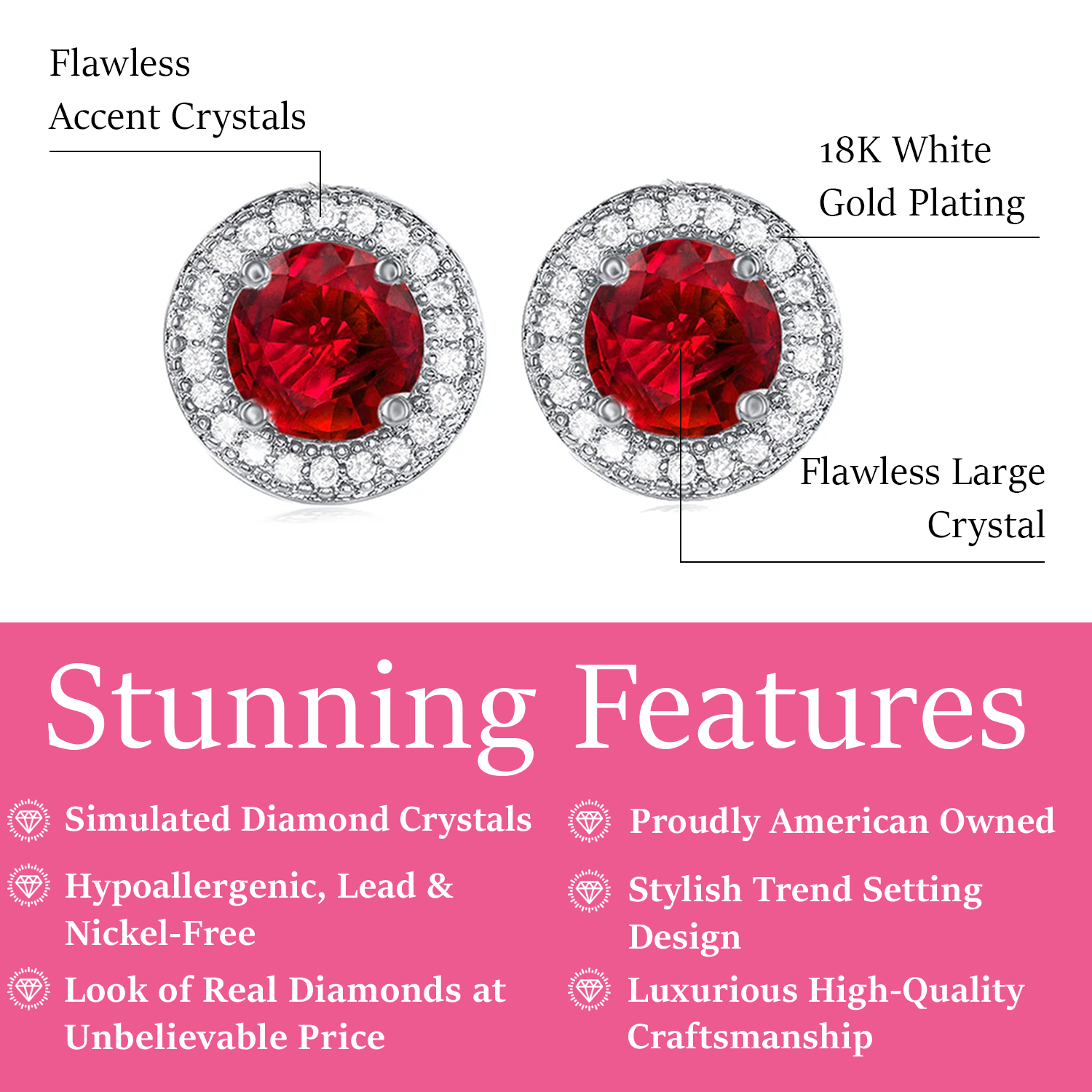 Gwendolyn 18k White Gold Plated Halo Stud Earrings with Round Cut Simulated Diamond Crystals