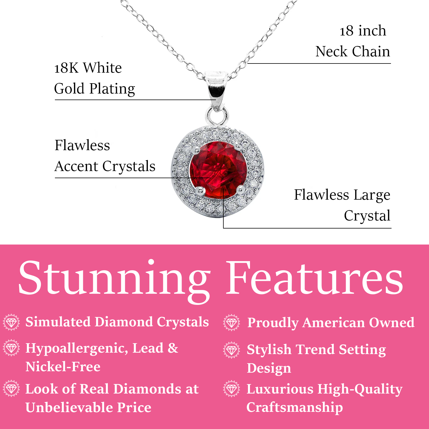 Gwendolyn 18k White Gold Plated Halo Necklace with Round Cut Simulated Diamond Crystals