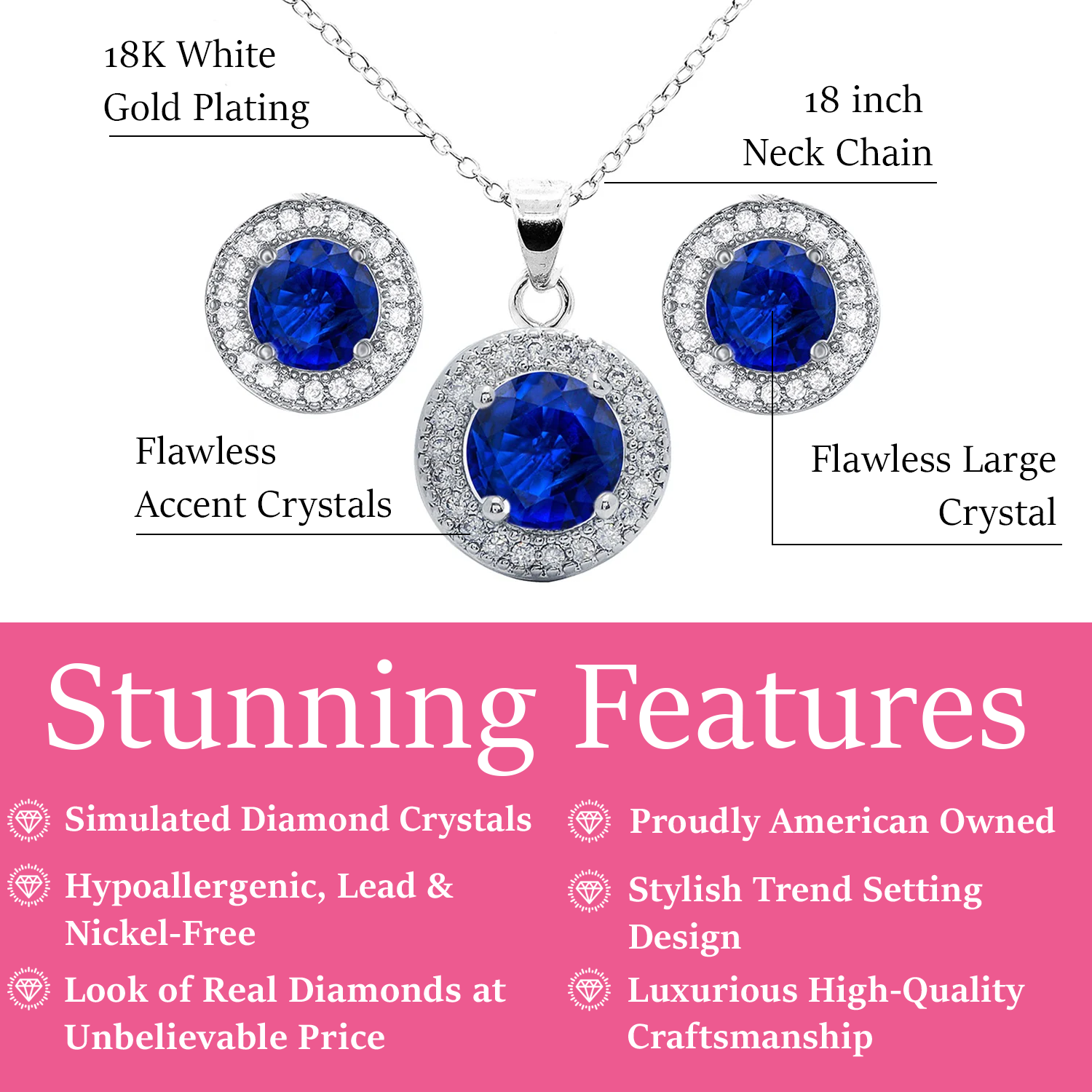 Gwendolyn 18k White Gold Plated Earrings and Necklace Set with Round Cut Simulated Diamond Crystal