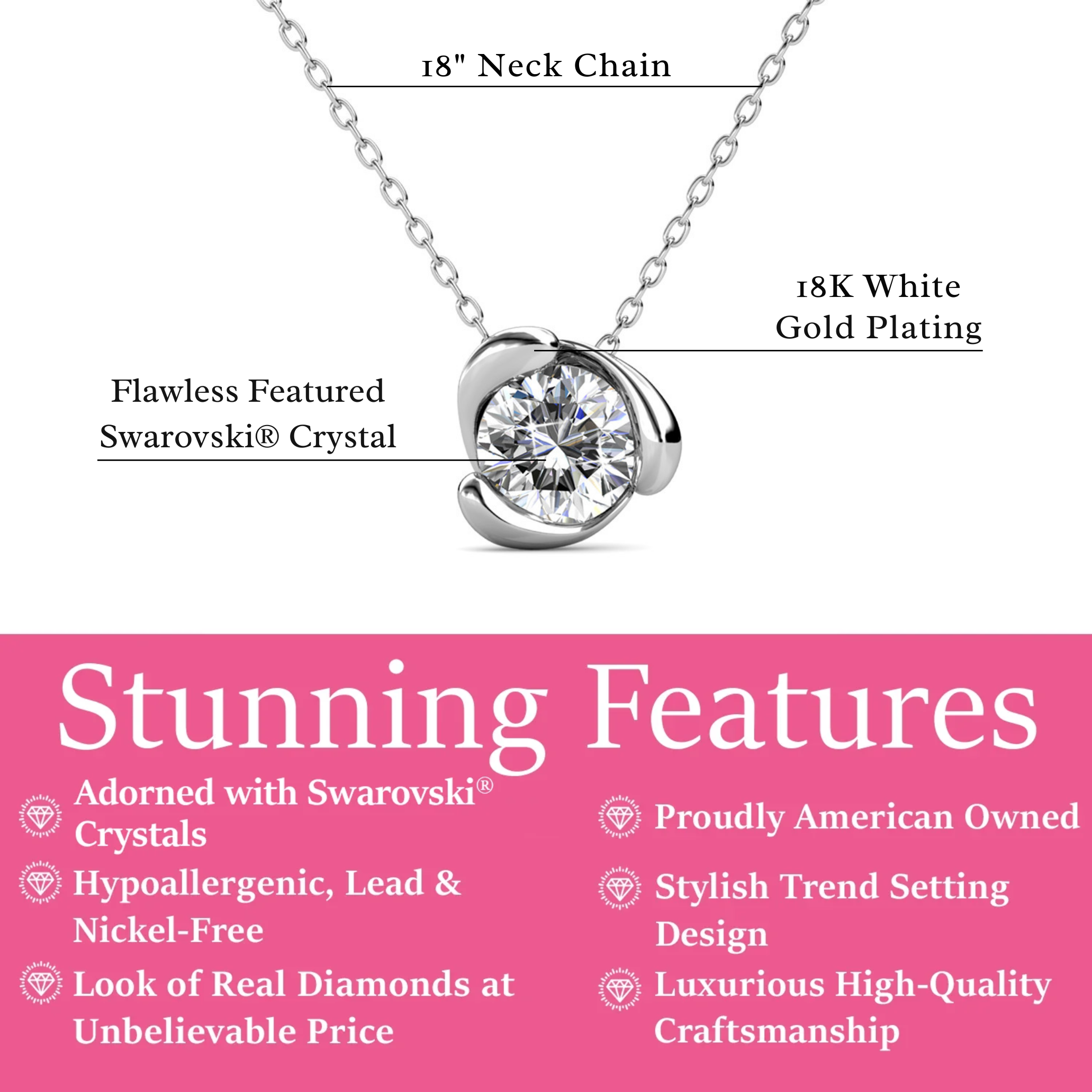 Harmony 18k White Gold Plated Necklace with Round Cut Solitaire Swarovski Crystal