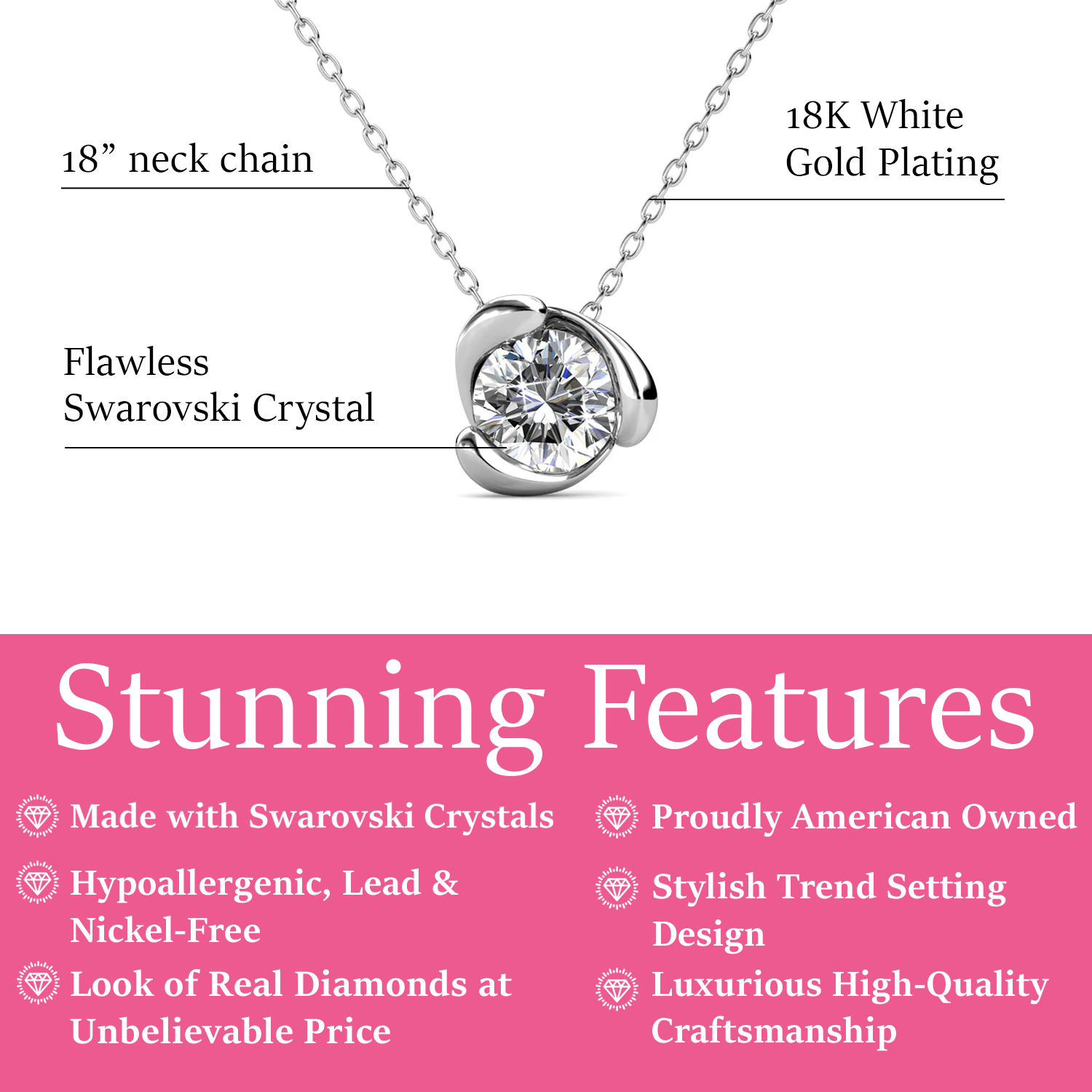 Harmony 18k White Gold Plated Necklace with Sparkling Solitaire Round Cut Swarovski Crystal