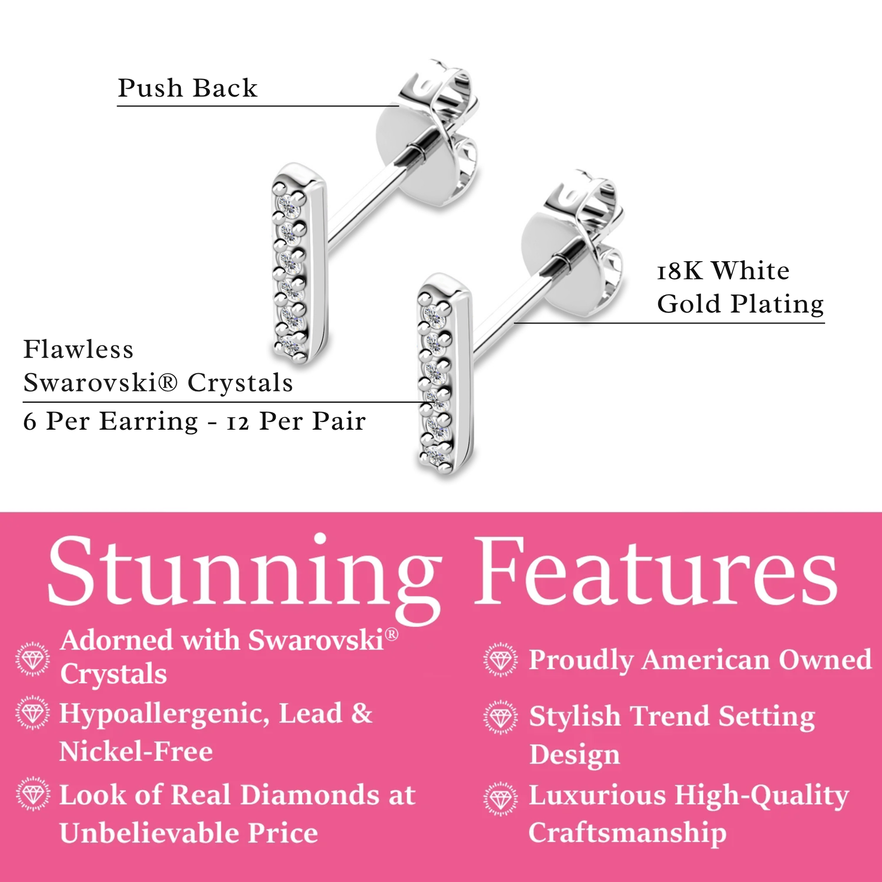 Hayden 18k White Gold Plated Linear Stud Earrings with Swarovski Crystals