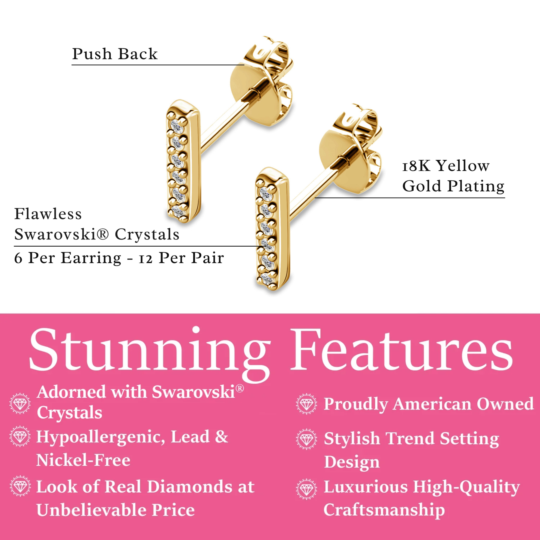 Hayden 18k White Gold Plated Linear Stud Earrings with Swarovski Crystals