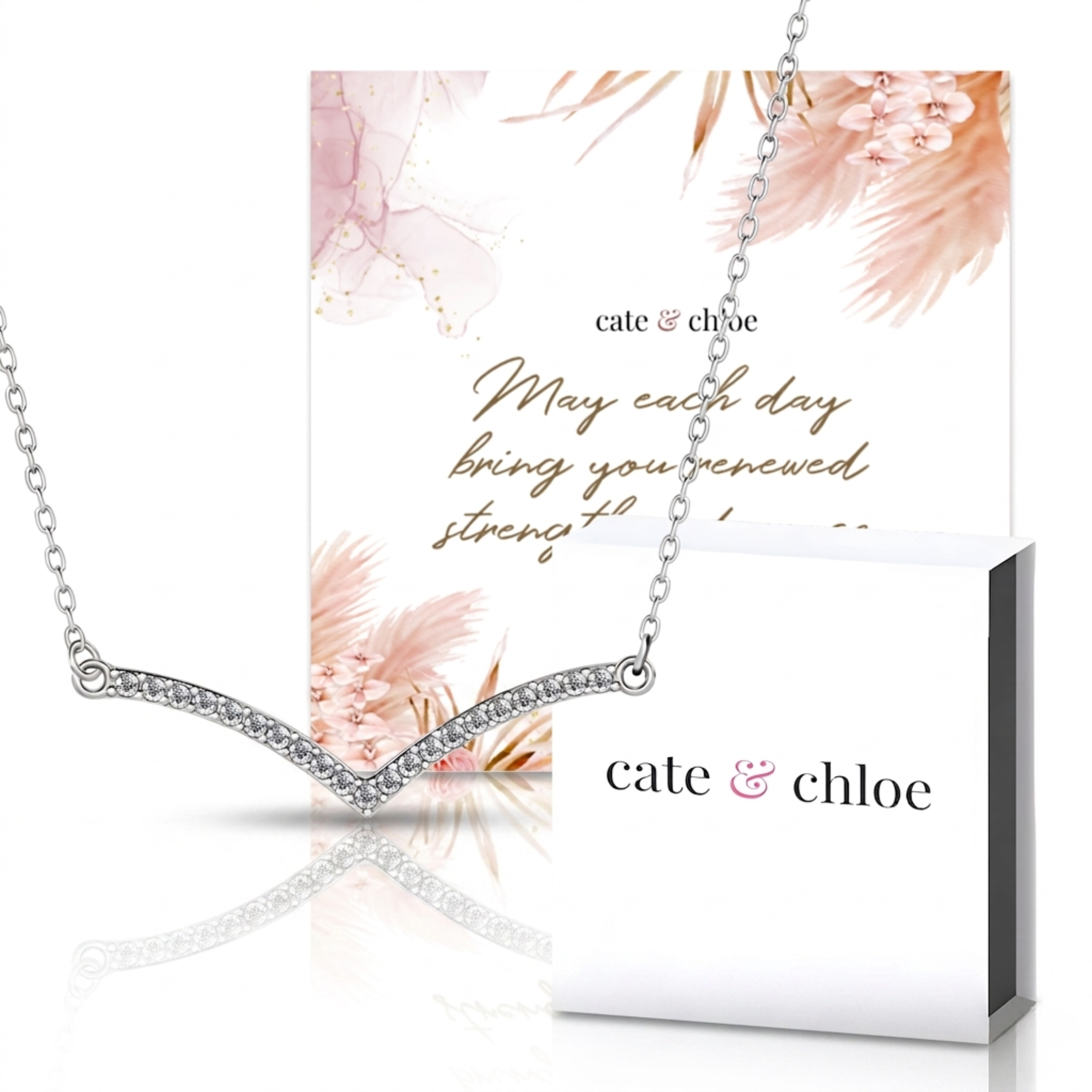 Hope 18k White Gold Plated V Pendant Necklace & Strength and Peace Boho Card