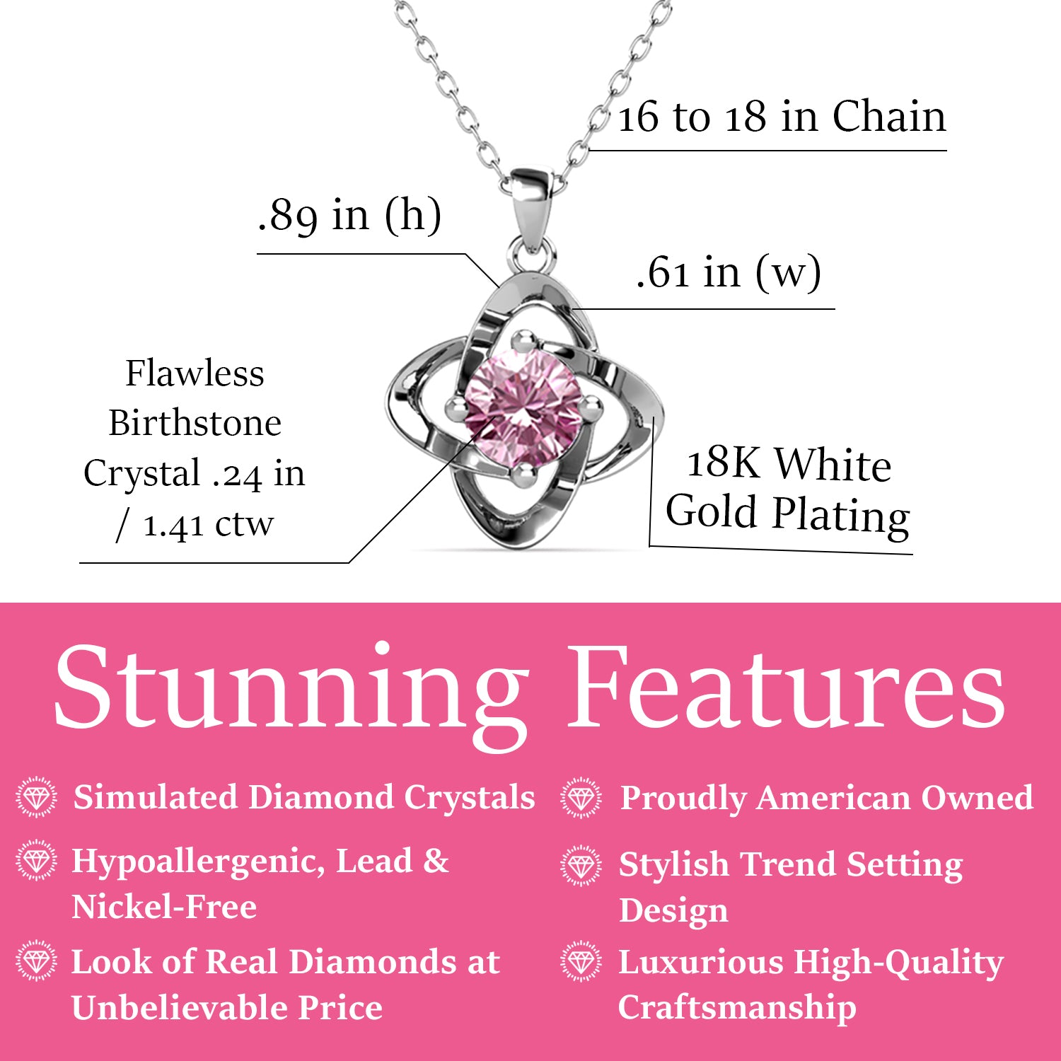 Infinity October Birthstone Pink Tourmaline Necklace, 18k White Gold Plated Silver Birthstone Crystal Necklace
