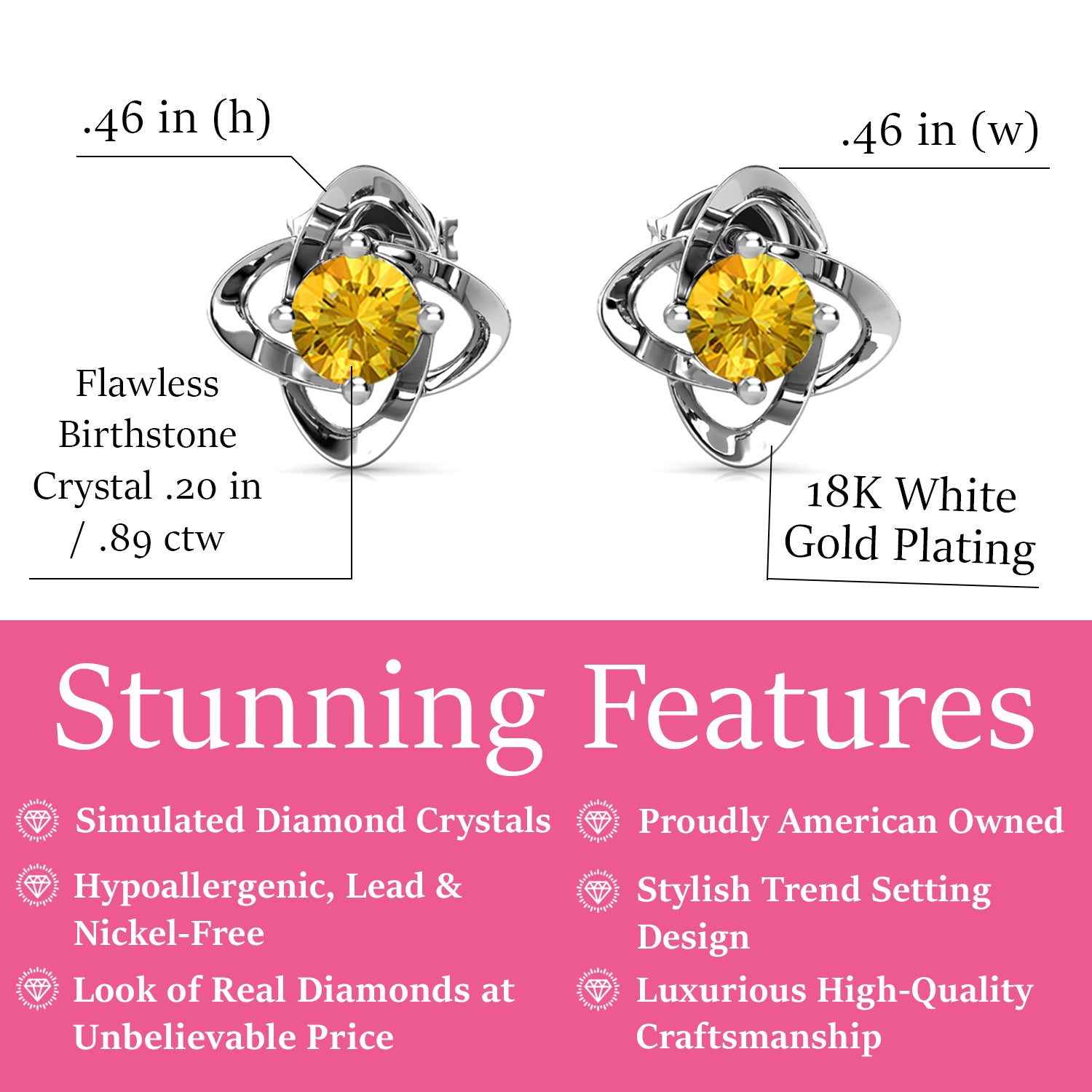 Infinity November Birthstone Citrine Earrings, 18k White Gold Plated Silver Birthstone Earrings with Crystals