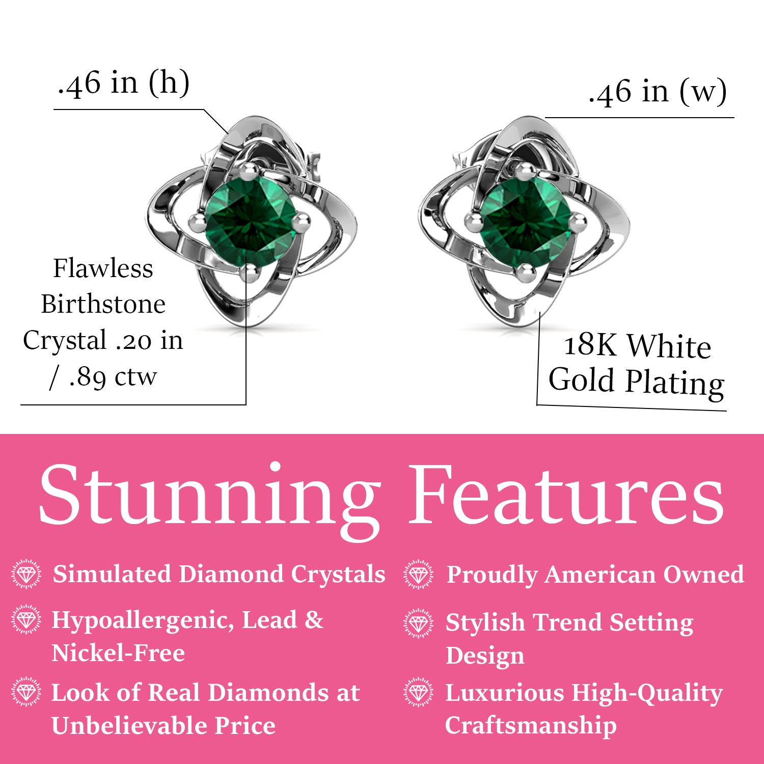Infinity May Birthstone Emerald Earrings, 18k White Gold Plated Silver Birthstone Earrings with Crystals