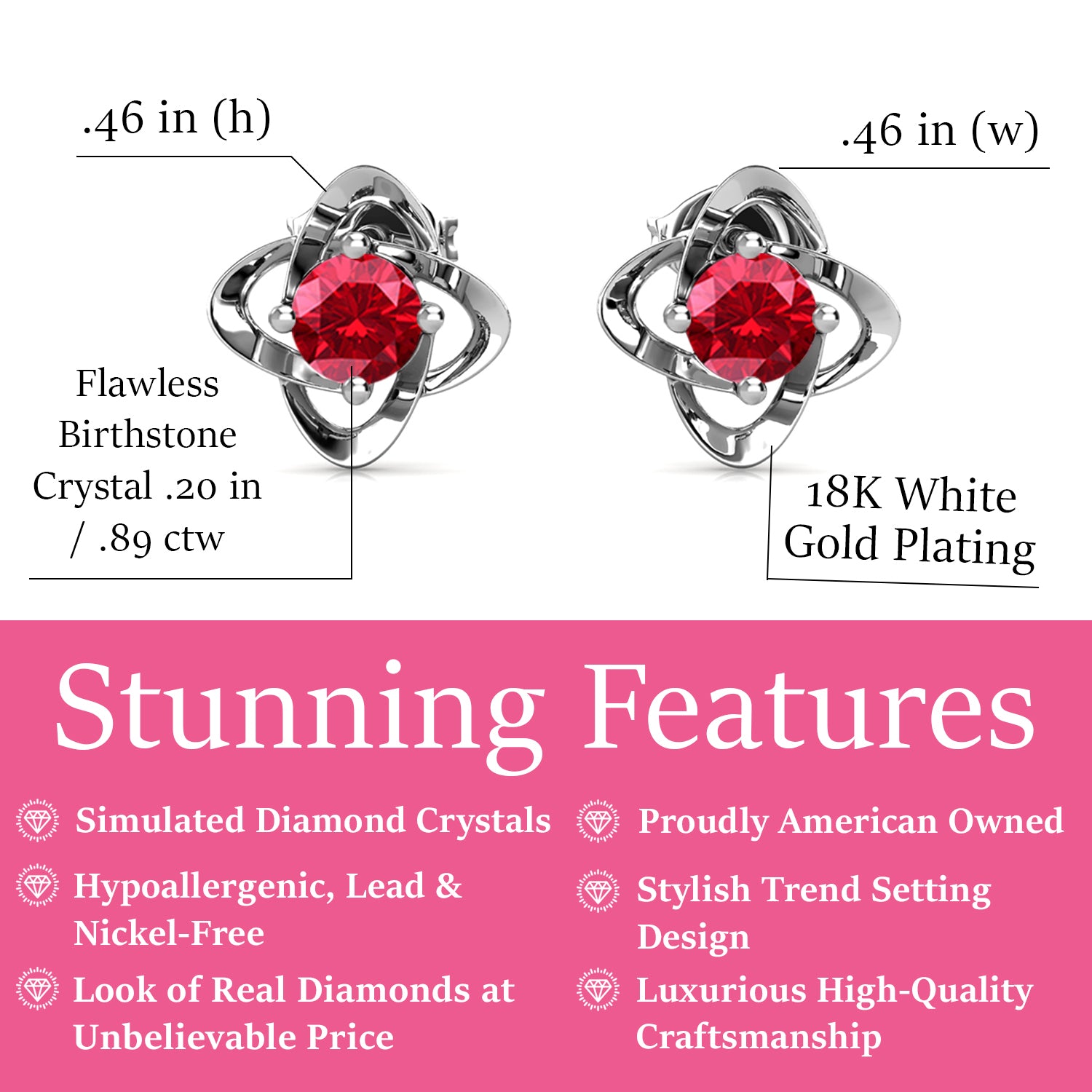 Infinity July Birthstone Ruby Earrings, 18k White Gold Plated Silver Birthstone Earrings with Crystals