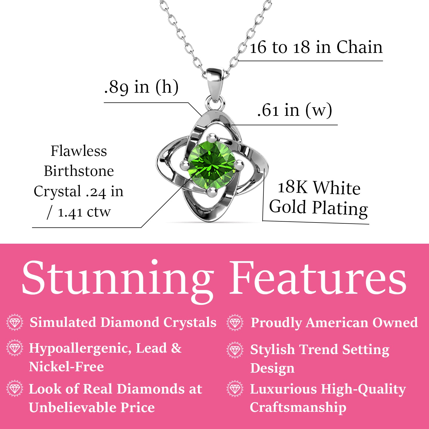 Infinity August Birthstone Peridot Necklace, 18k White Gold Plated Silver Birthstone Crystal Necklace