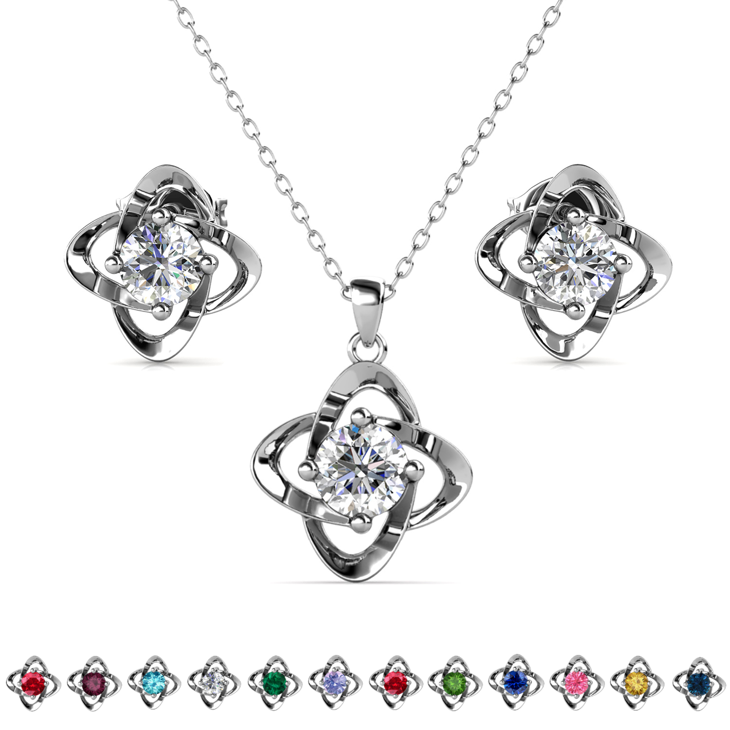 Infinity Birthstone 18k White Gold Plated Stud Earrings and Necklace Set with Swarovski Crystals