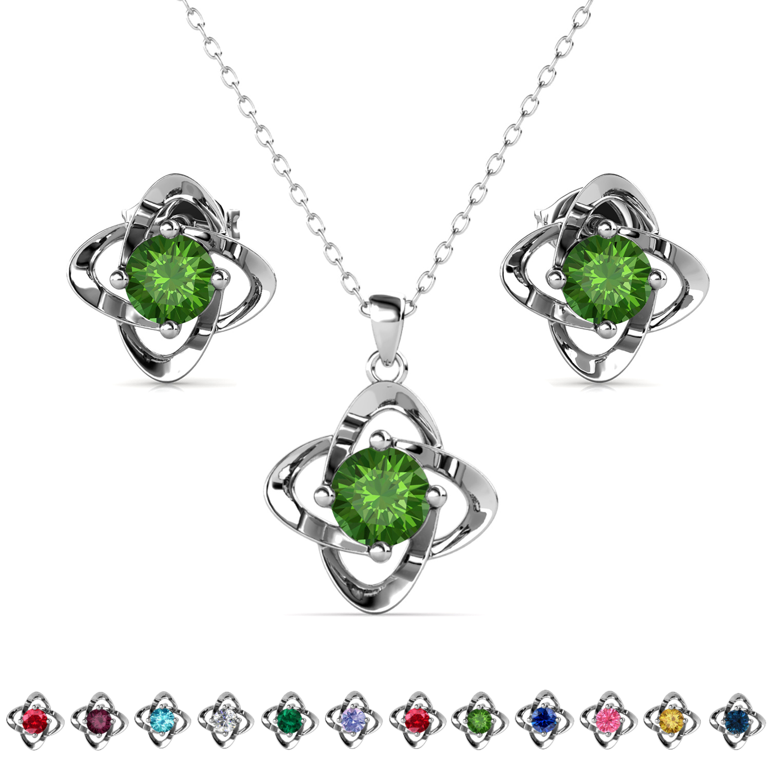 Infinity Birthstone 18k White Gold Plated Stud Earrings and Necklace Set with Swarovski Crystals