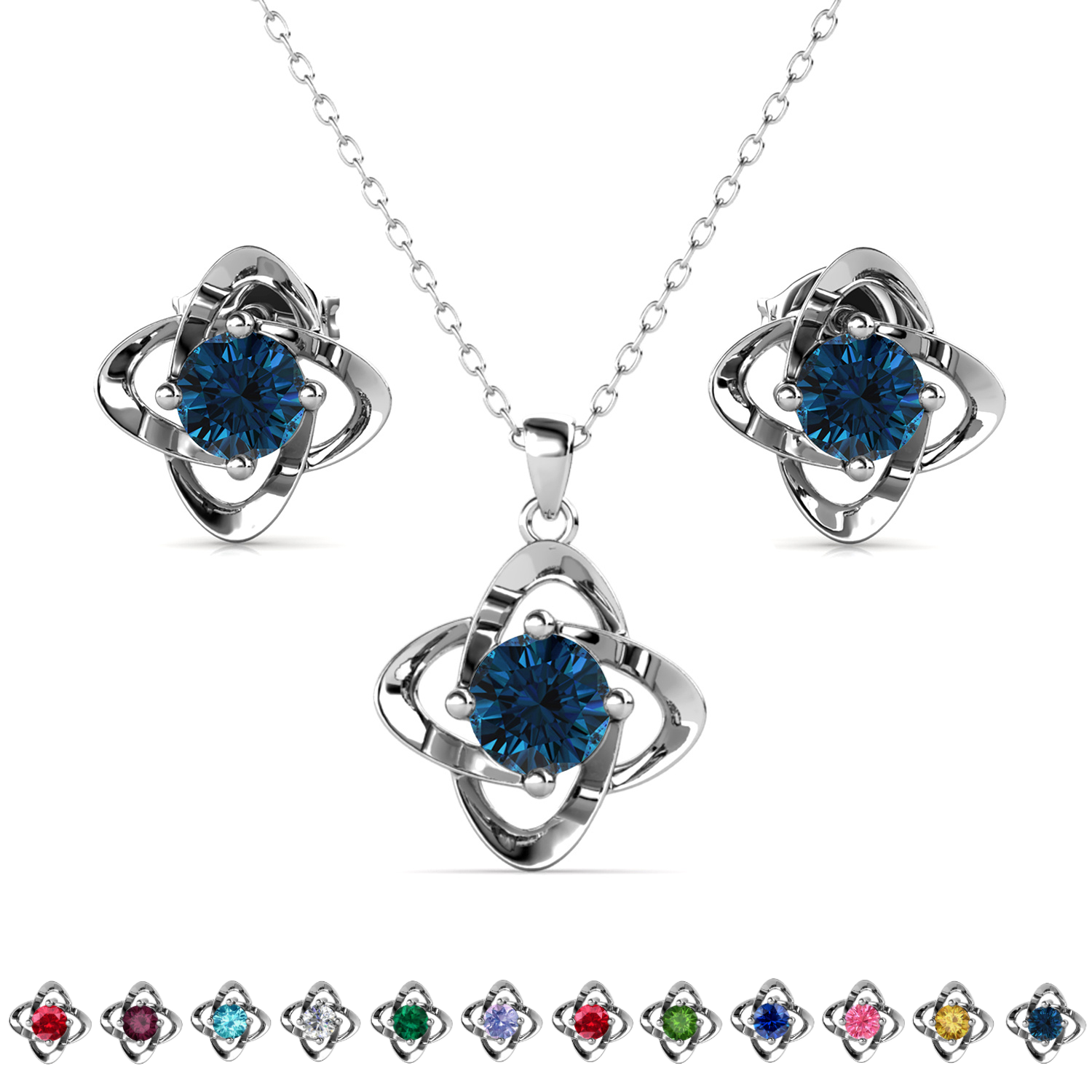Infinity Birthstone 18k White Gold Plated Stud Earrings and Necklace Set with Swarovski Crystals