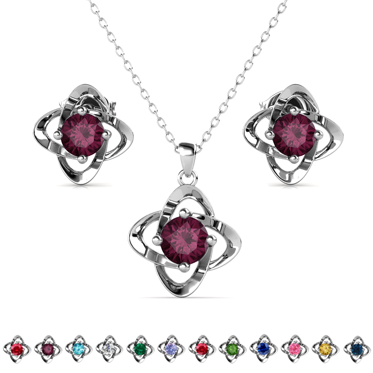 Infinity Birthstone 18k White Gold Plated Stud Earrings and Necklace Set with Swarovski Crystals