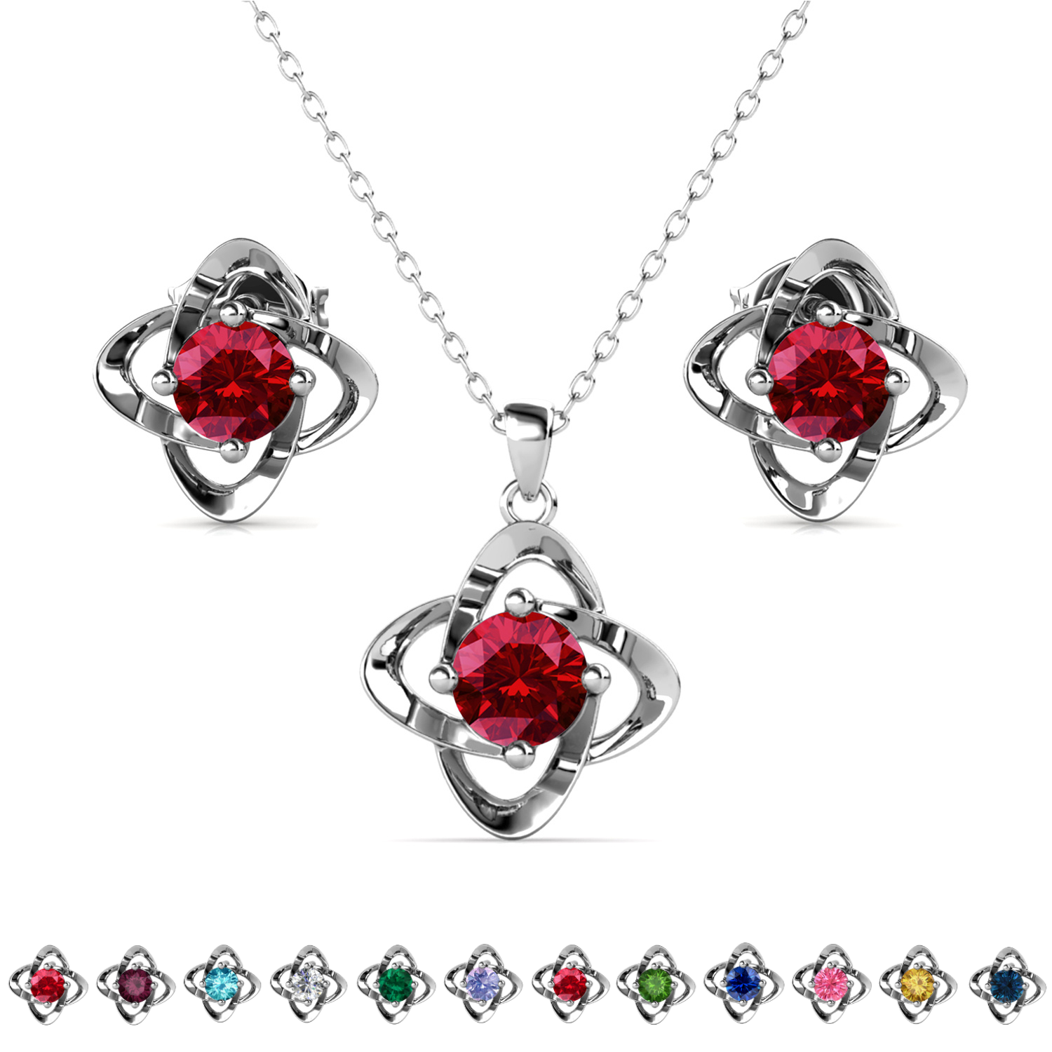 Infinity Birthstone 18k White Gold Plated Stud Earrings and Necklace Set with Swarovski Crystals