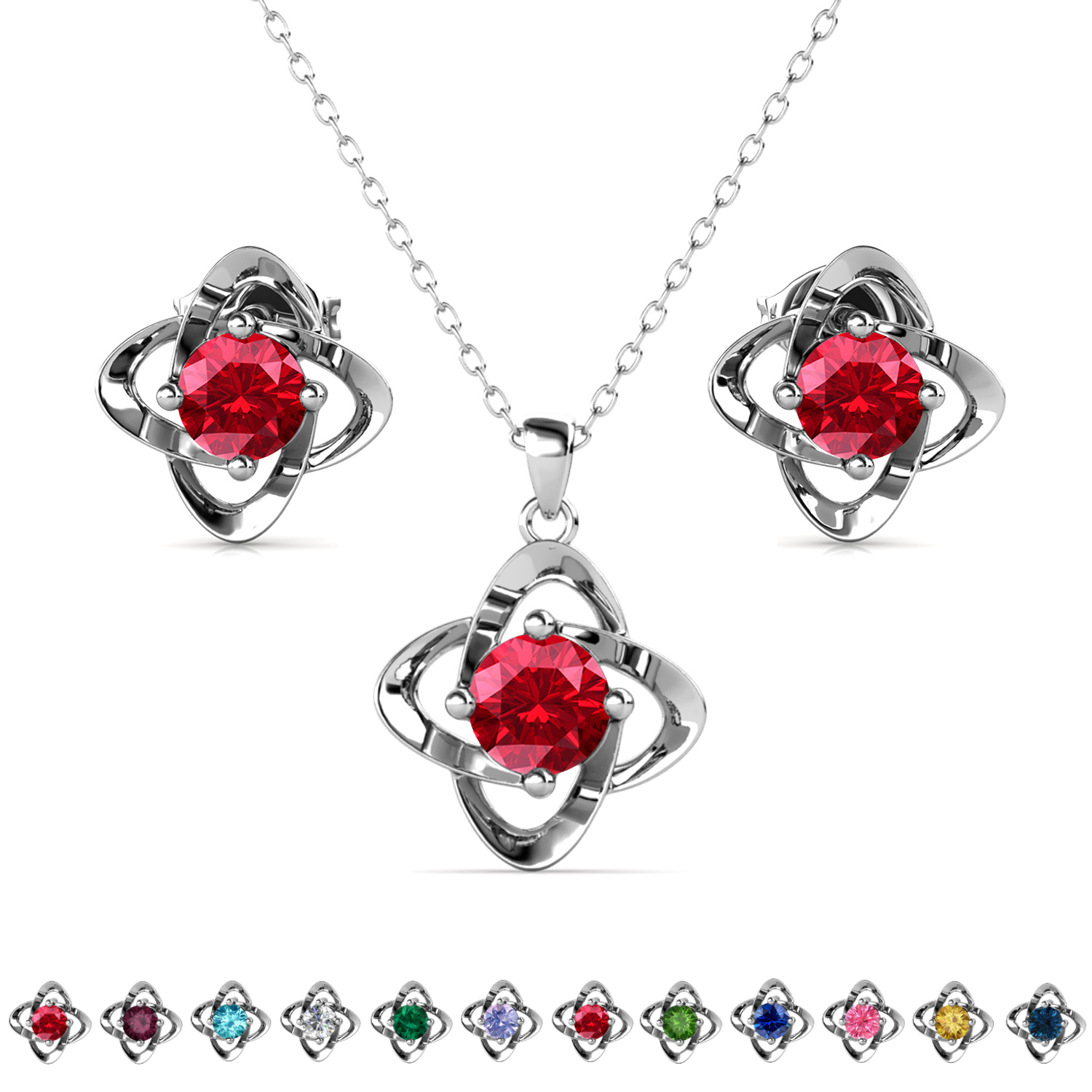 Infinity Birthstone 18k White Gold Plated Stud Earrings and Necklace Set with Swarovski Crystals
