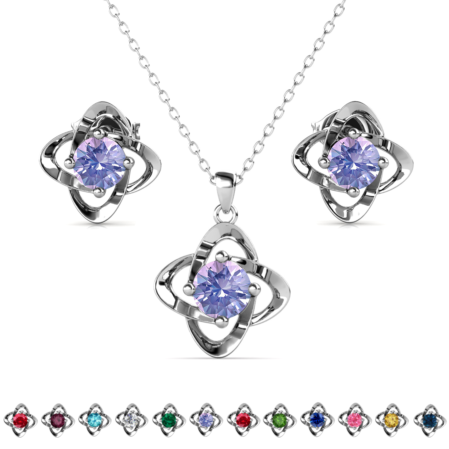 Infinity Birthstone 18k White Gold Plated Stud Earrings and Necklace Set with Swarovski Crystals