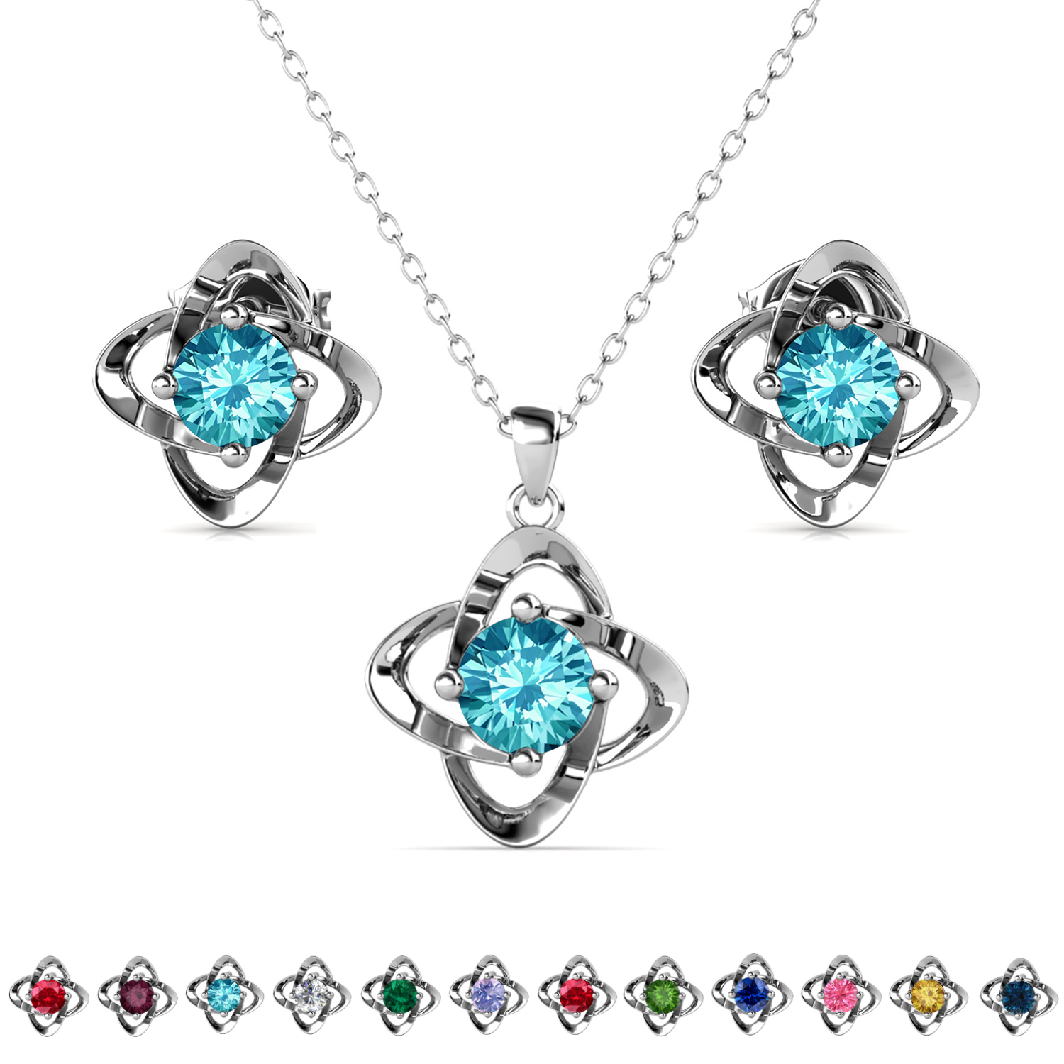 Infinity Birthstone 18k White Gold Plated Stud Earrings and Necklace Set with Swarovski Crystals