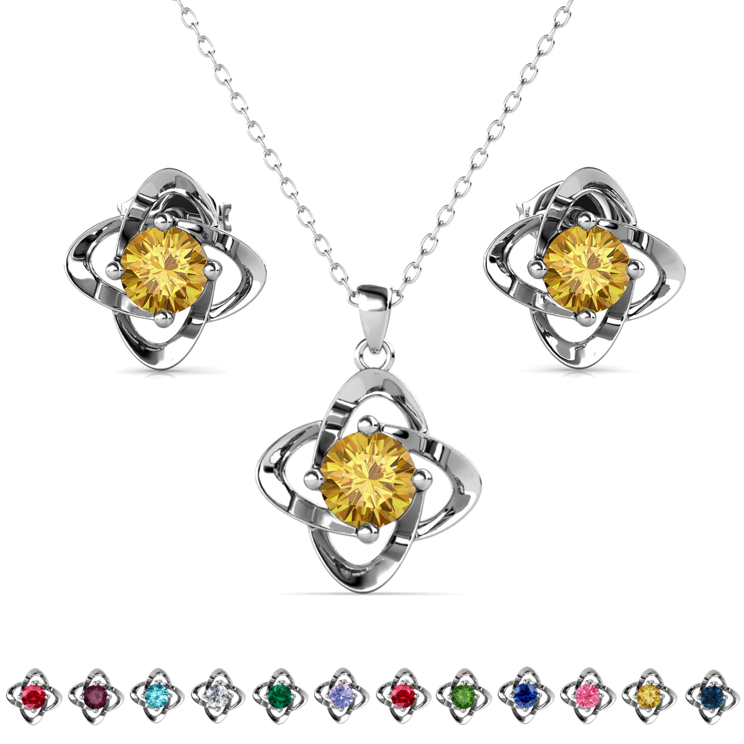 Infinity Birthstone 18k White Gold Plated Stud Earrings and Necklace Set with Swarovski Crystals
