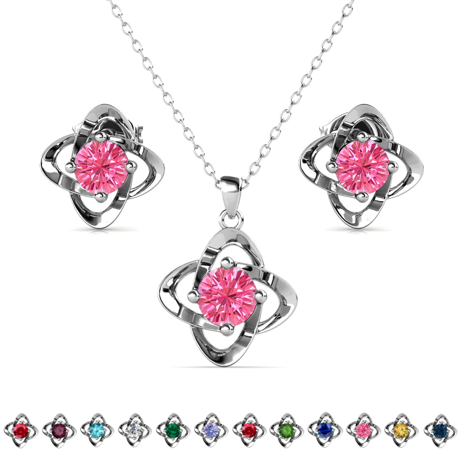 Infinity Birthstone 18k White Gold Plated Stud Earrings and Necklace Set with Swarovski Crystals