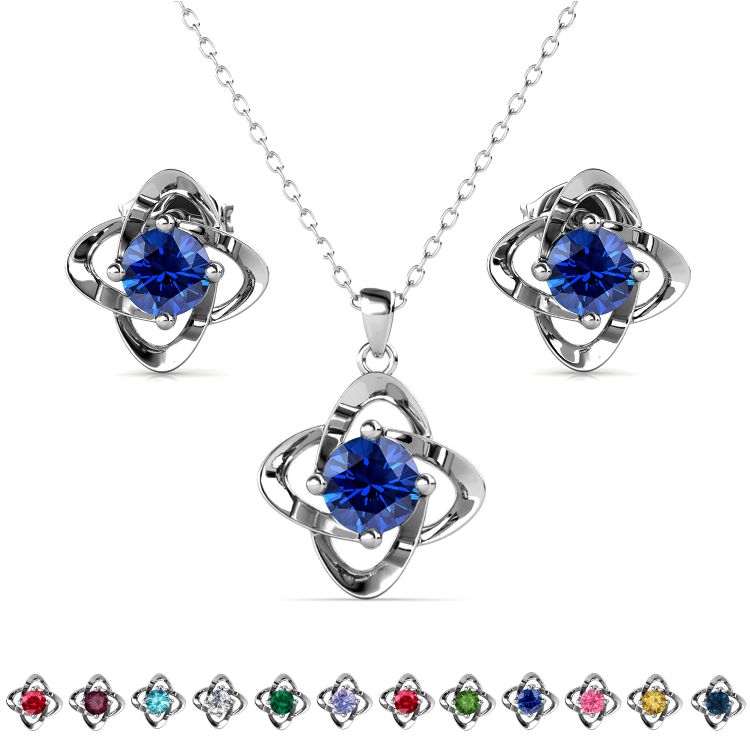 Infinity Birthstone 18k White Gold Plated Stud Earrings and Necklace Set with Swarovski Crystals