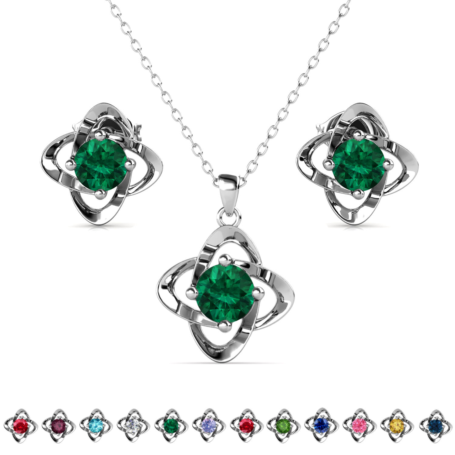 Infinity Birthstone 18k White Gold Plated Stud Earrings and Necklace Set with Swarovski Crystals