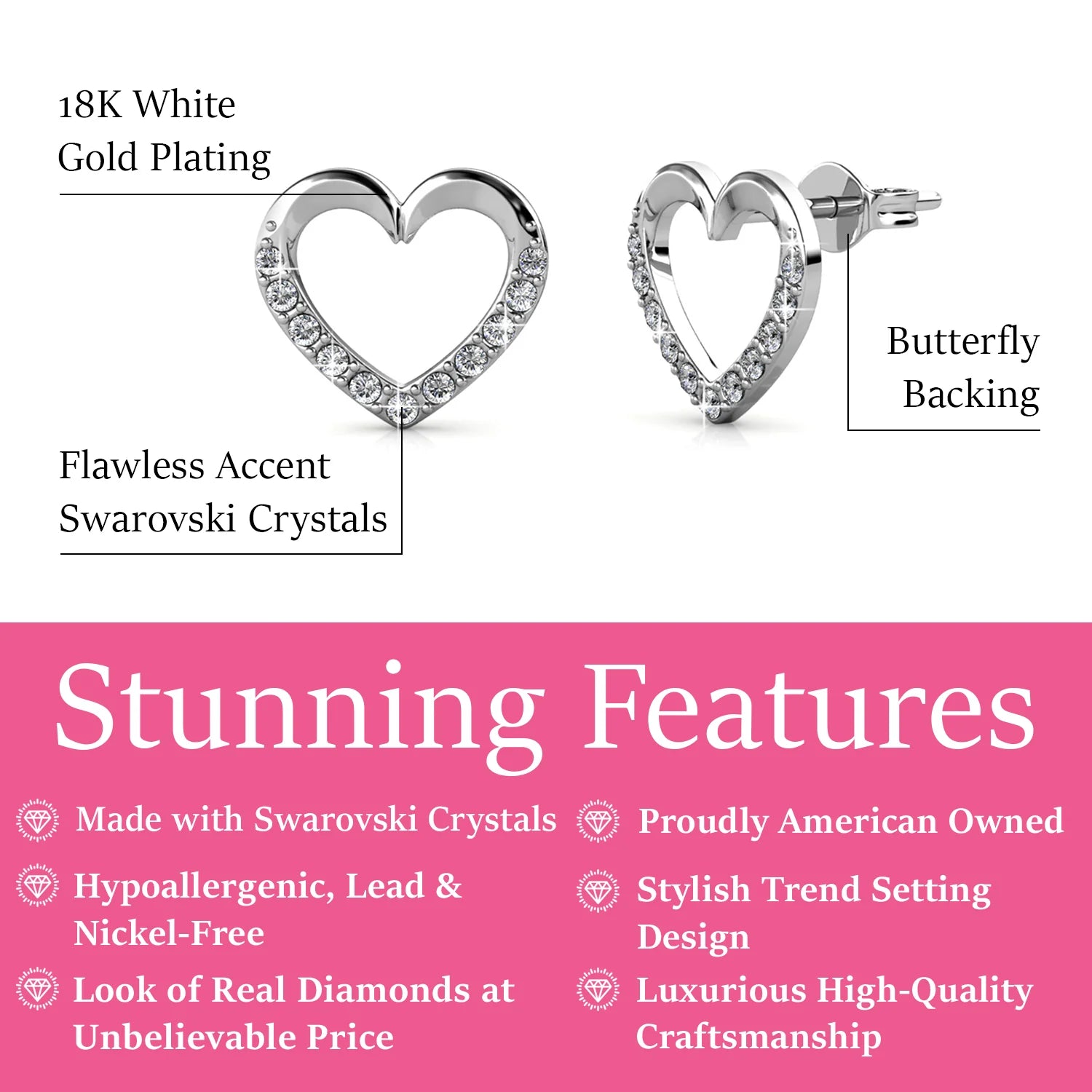 Chelsea 18k White Gold Plated Silver Heart Stud Earrings with Swarovski Crystals