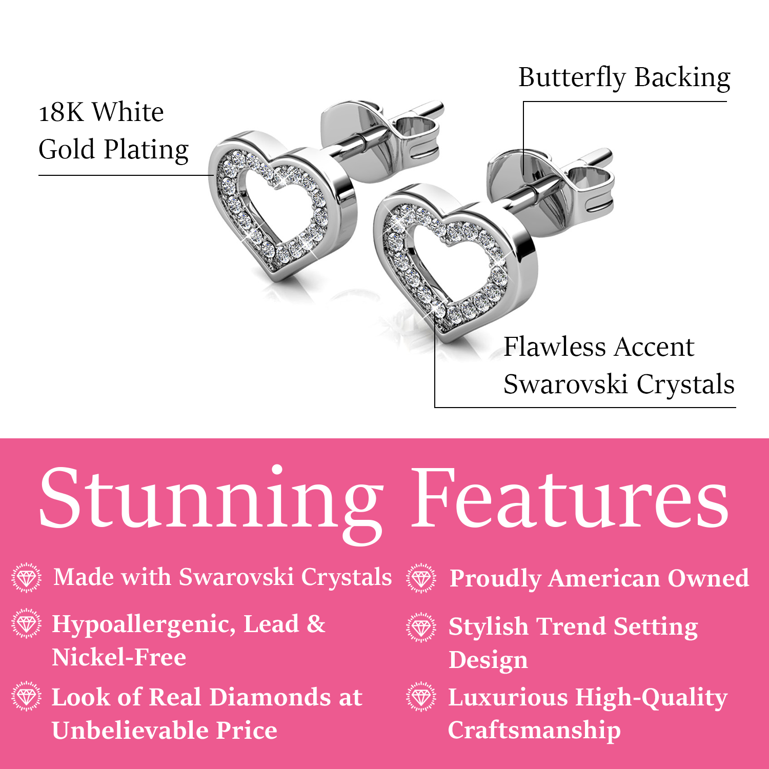 Dominique 18k White Gold Plated Silver Heart Stud Earrings with Swarovski Crystals