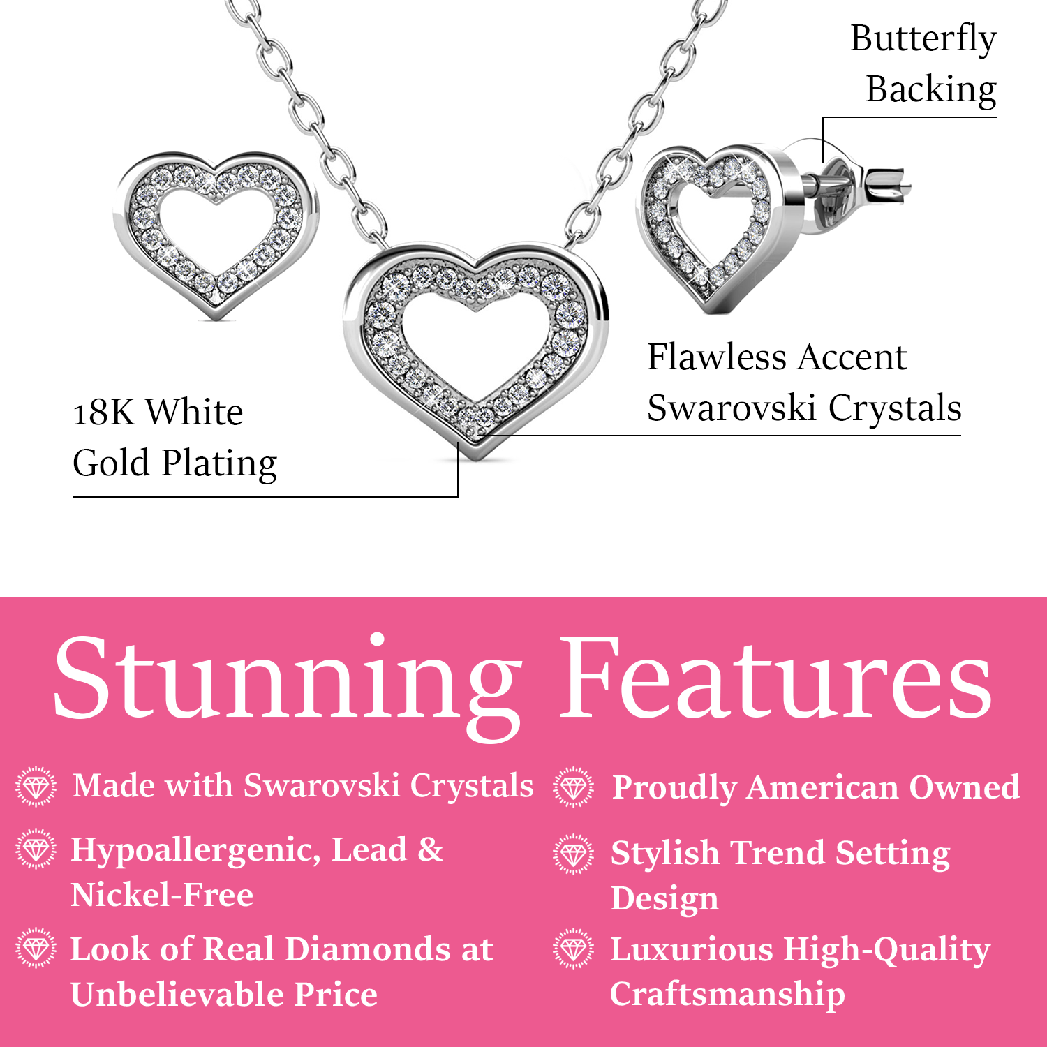 Dominique 18k White Gold Plated Silver Heart Necklace and Earring Set with Swarovski Crystals