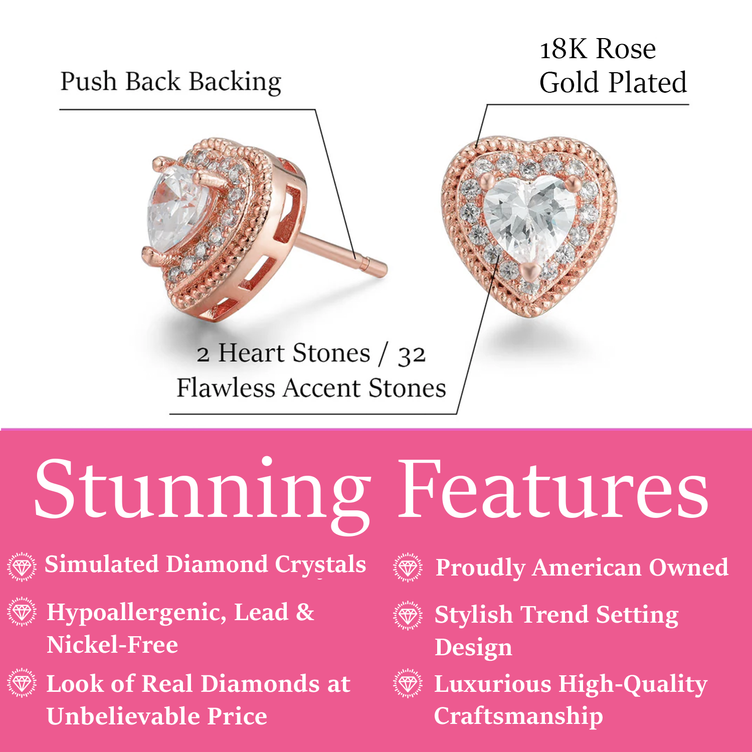 Coraline 18k White Gold Plated Silver Heart Stud Earrings with Simulated Diamond Crystals