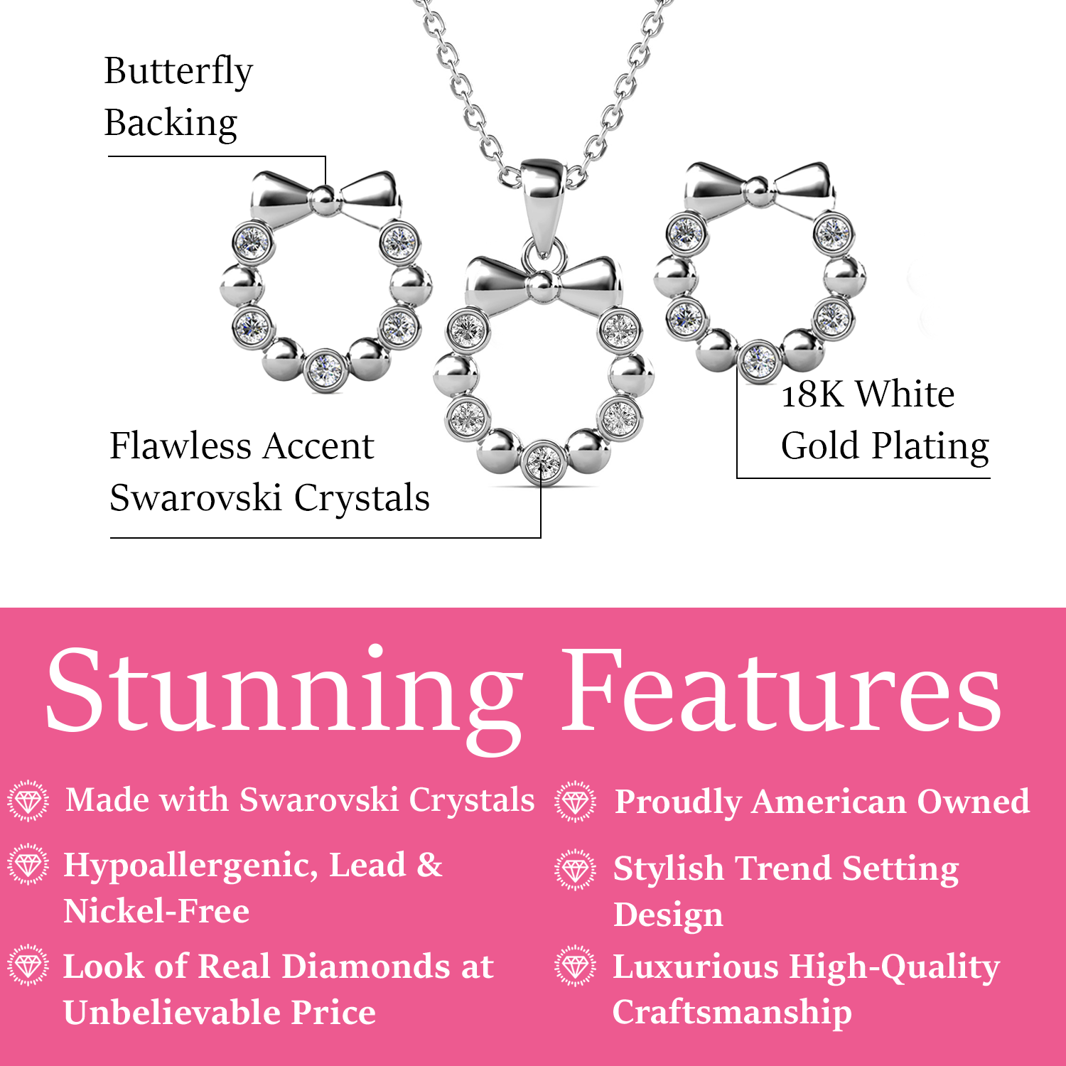 Edith 18k White Gold Plated Silver Ribbon Necklace and Earring Set with Swarovski Crystals